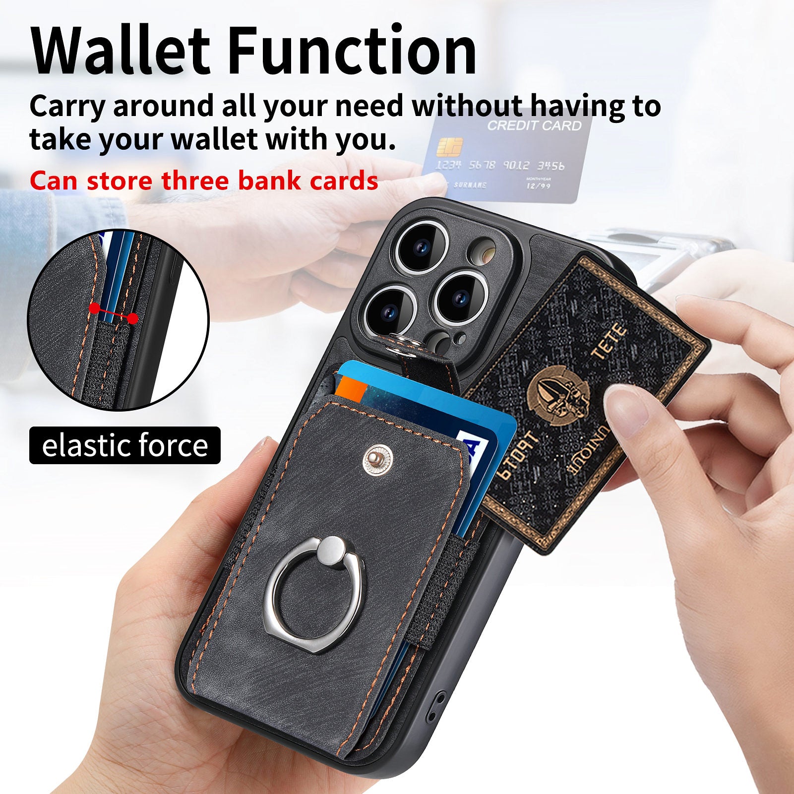 D2 For iPhone 14 Pro Max Phone Cover Ring Kickstand Card Holder PU Leather+TPU Phone Case