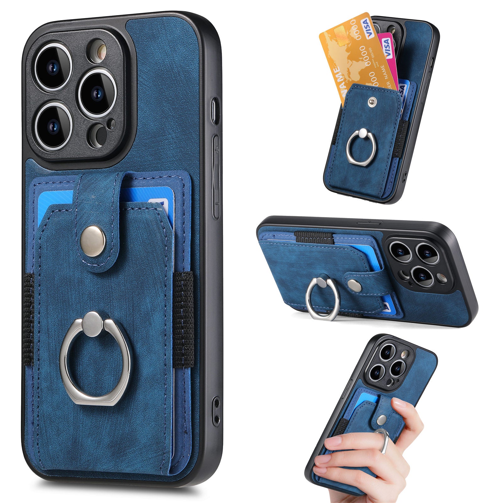 D2 For iPhone 14 Pro Max Phone Cover Ring Kickstand Card Holder PU Leather+TPU Phone Case