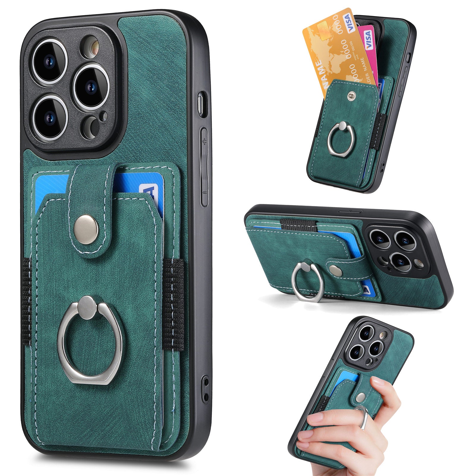 D2 For iPhone 14 Pro Max Phone Cover Ring Kickstand Card Holder PU Leather+TPU Phone Case