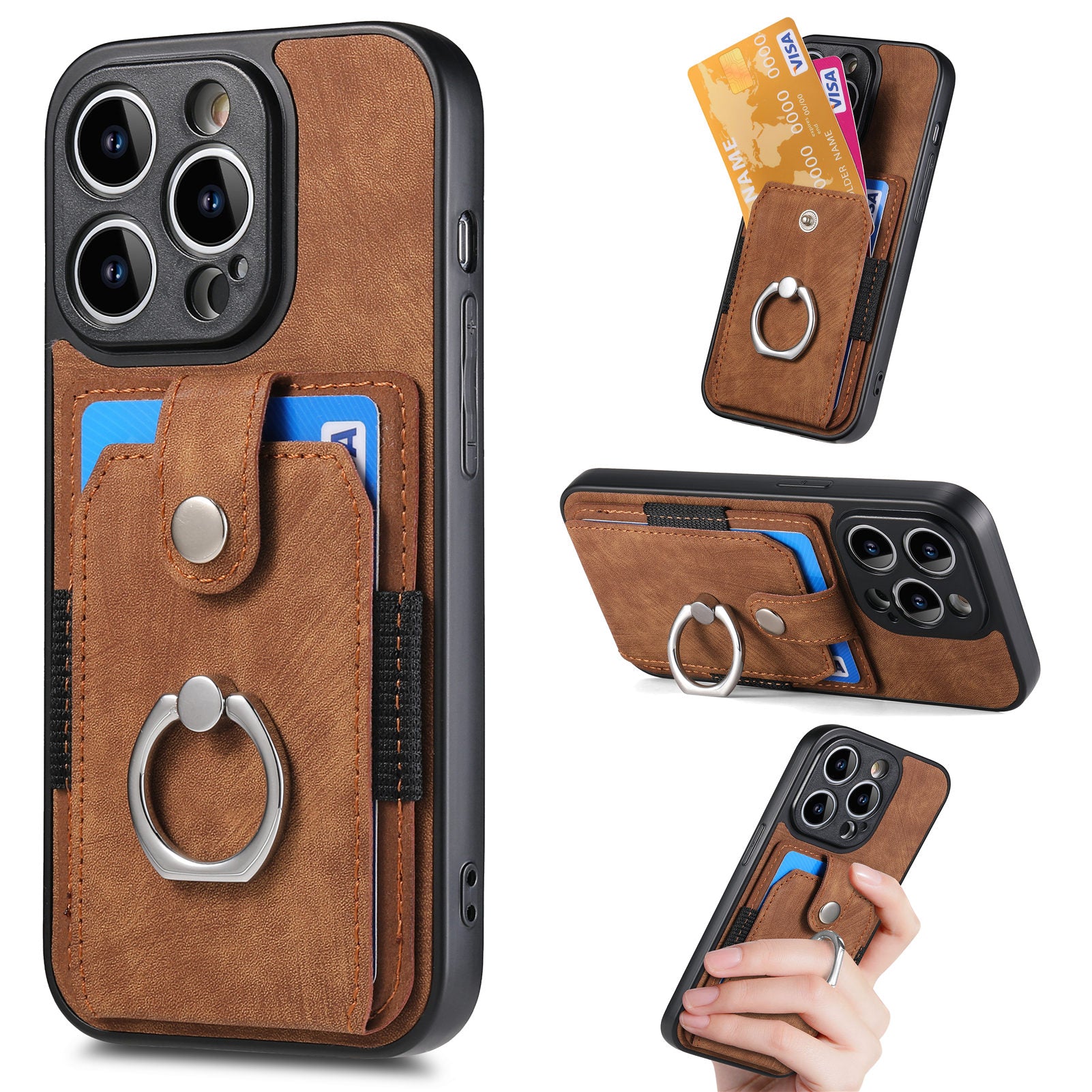 D2 For iPhone 14 Pro Max Phone Cover Ring Kickstand Card Holder PU Leather+TPU Phone Case