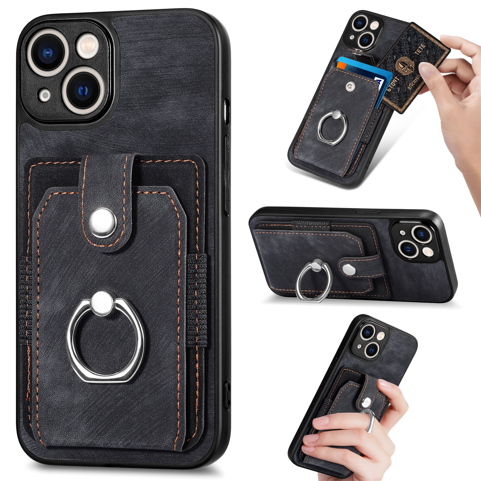 D2 Phone Case for iPhone 14 Ring Holder Kickstand TPU+PU Leather Phone Shell