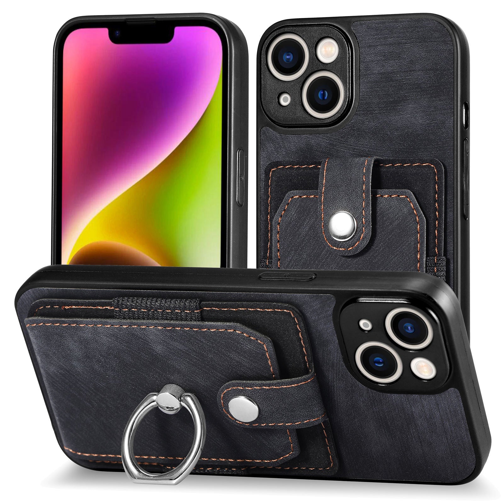D2 Phone Case for iPhone 14 Ring Holder Kickstand TPU+PU Leather Phone Shell