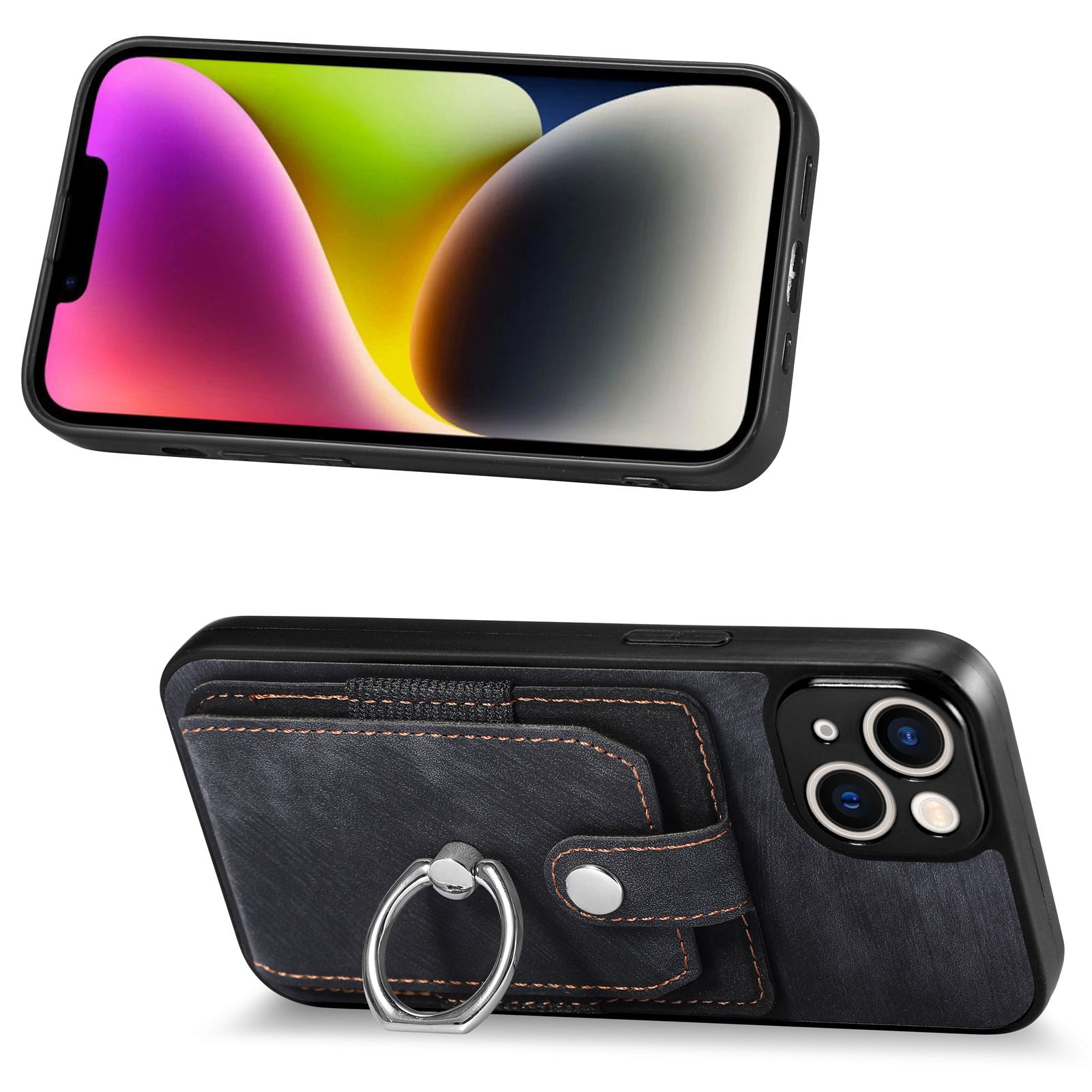 D2 Phone Case for iPhone 14 Ring Holder Kickstand TPU+PU Leather Phone Shell