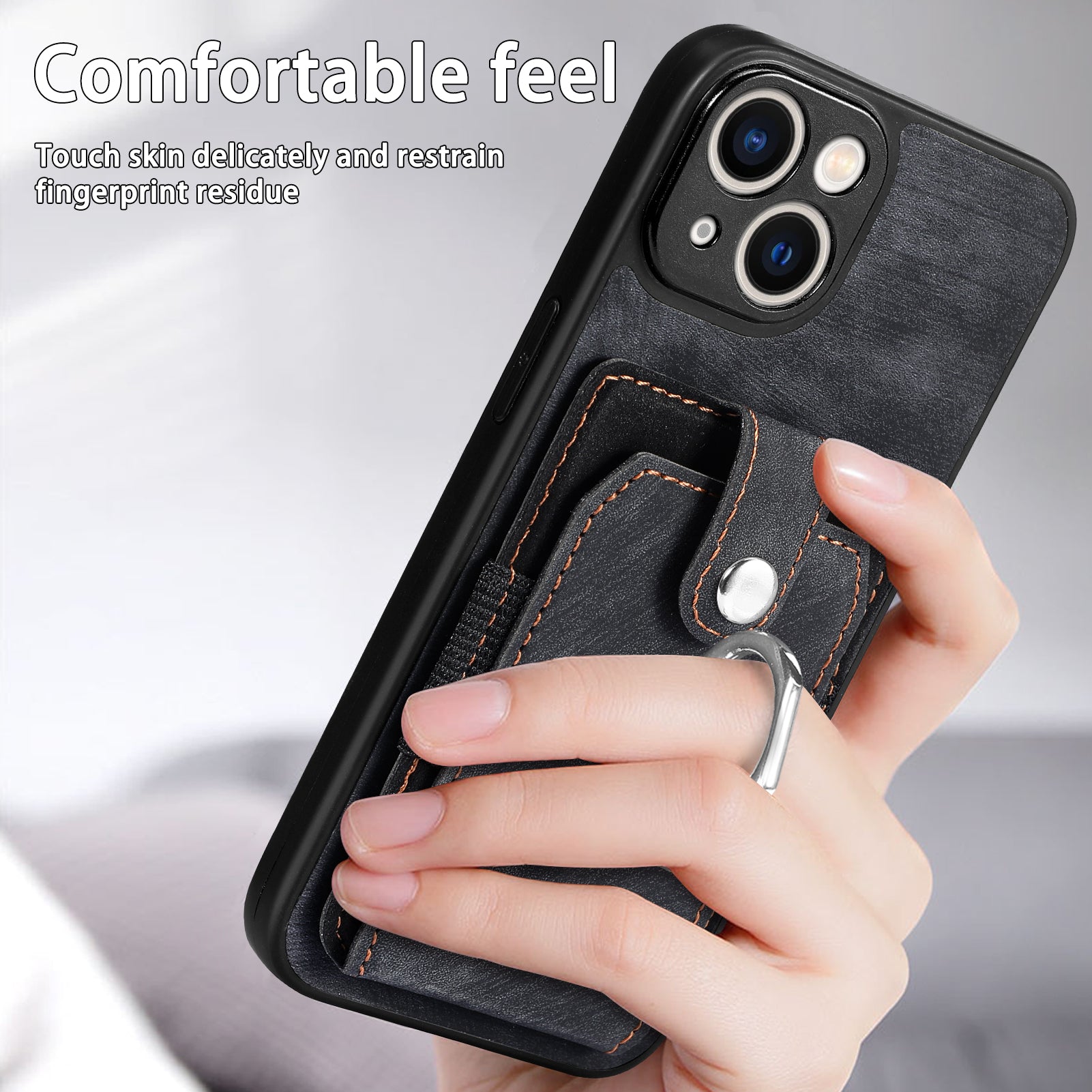 D2 Phone Case for iPhone 14 Ring Holder Kickstand TPU+PU Leather Phone Shell