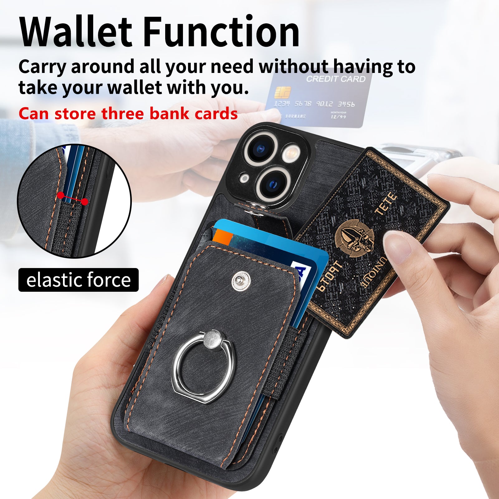D2 Phone Case for iPhone 14 Ring Holder Kickstand TPU+PU Leather Phone Shell