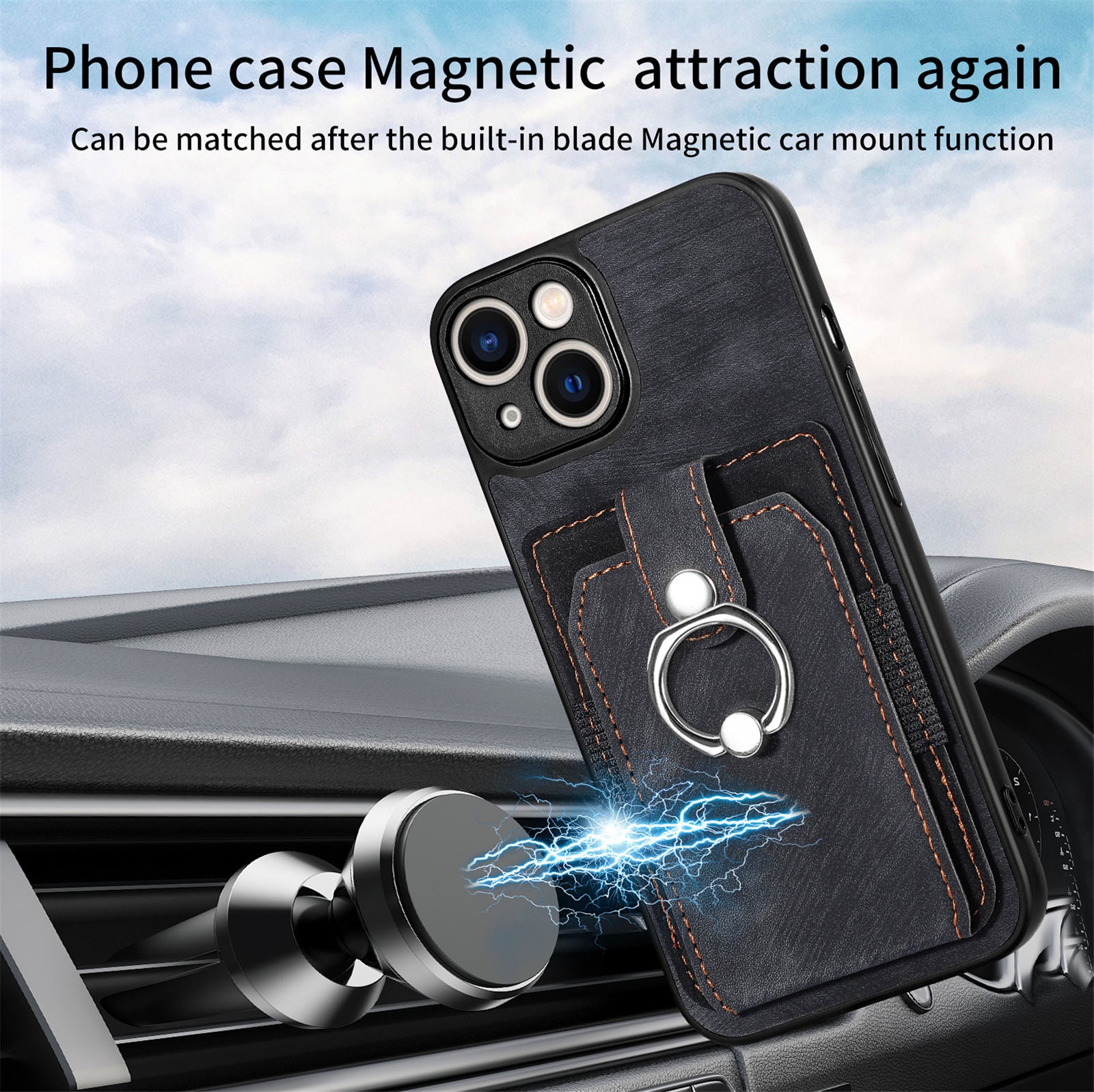 D2 Phone Case for iPhone 14 Ring Holder Kickstand TPU+PU Leather Phone Shell