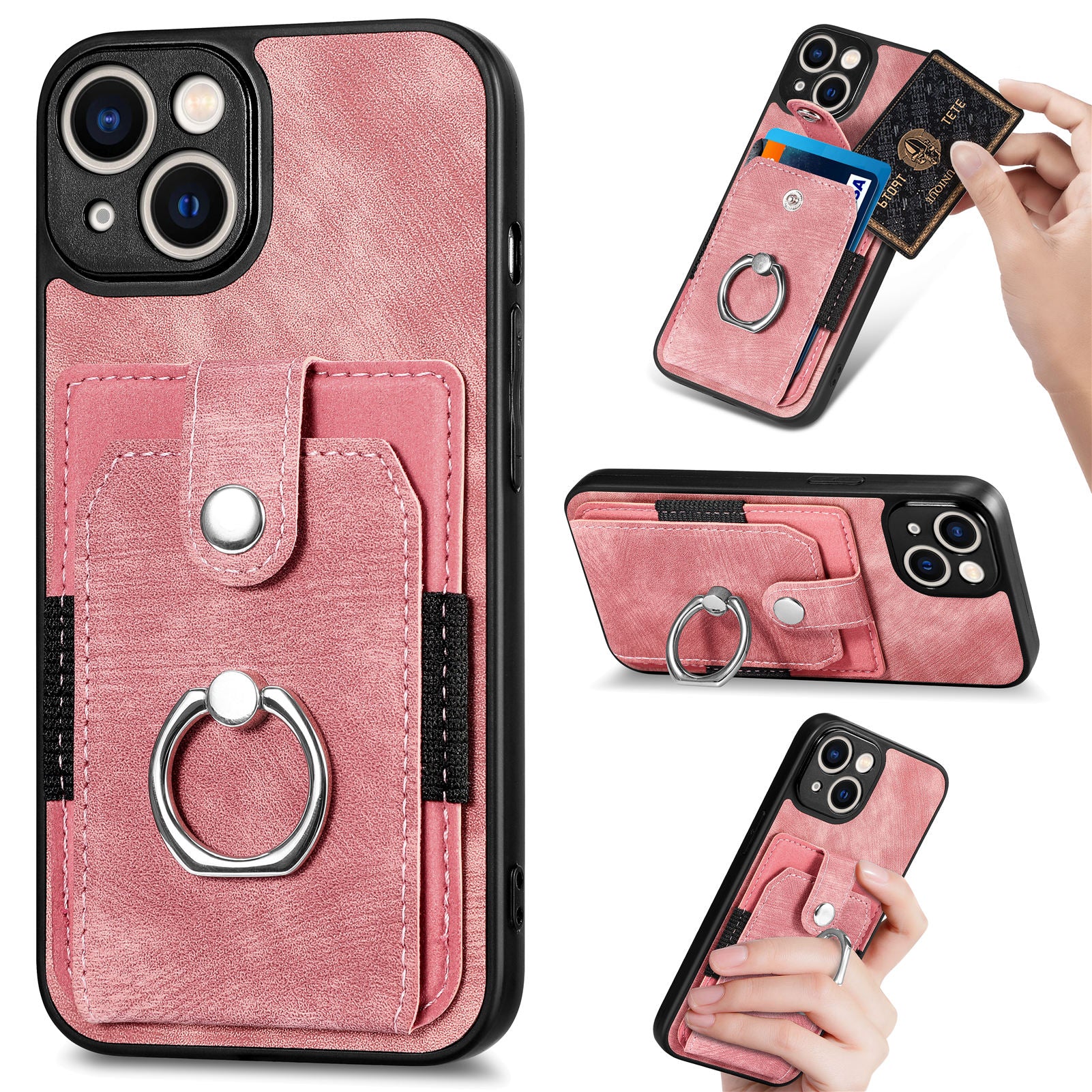 D2 Phone Case for iPhone 14 Ring Holder Kickstand TPU+PU Leather Phone Shell