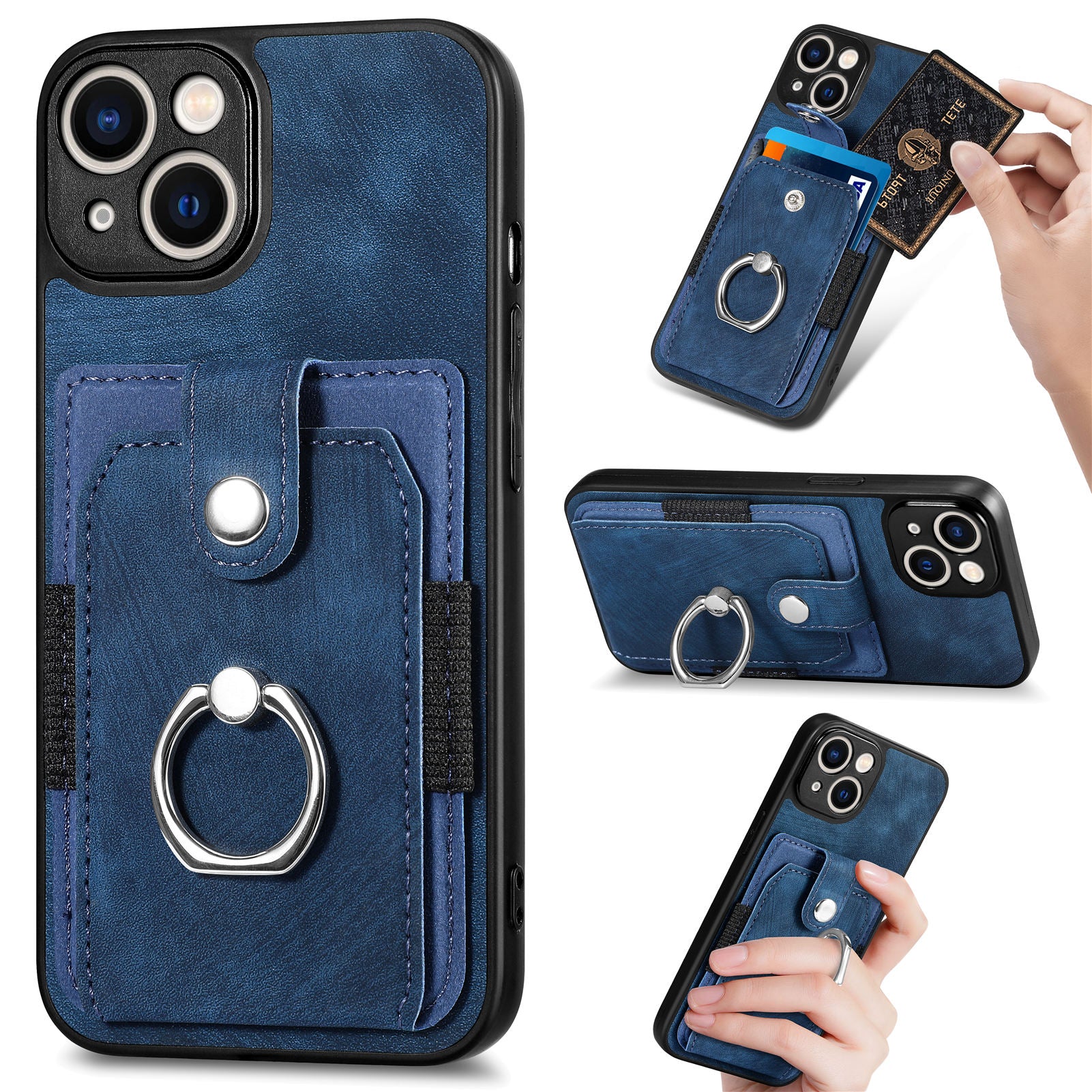 D2 Phone Case for iPhone 14 Ring Holder Kickstand TPU+PU Leather Phone Shell