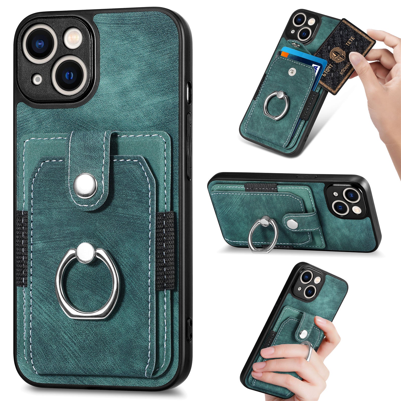 D2 Phone Case for iPhone 14 Ring Holder Kickstand TPU+PU Leather Phone Shell