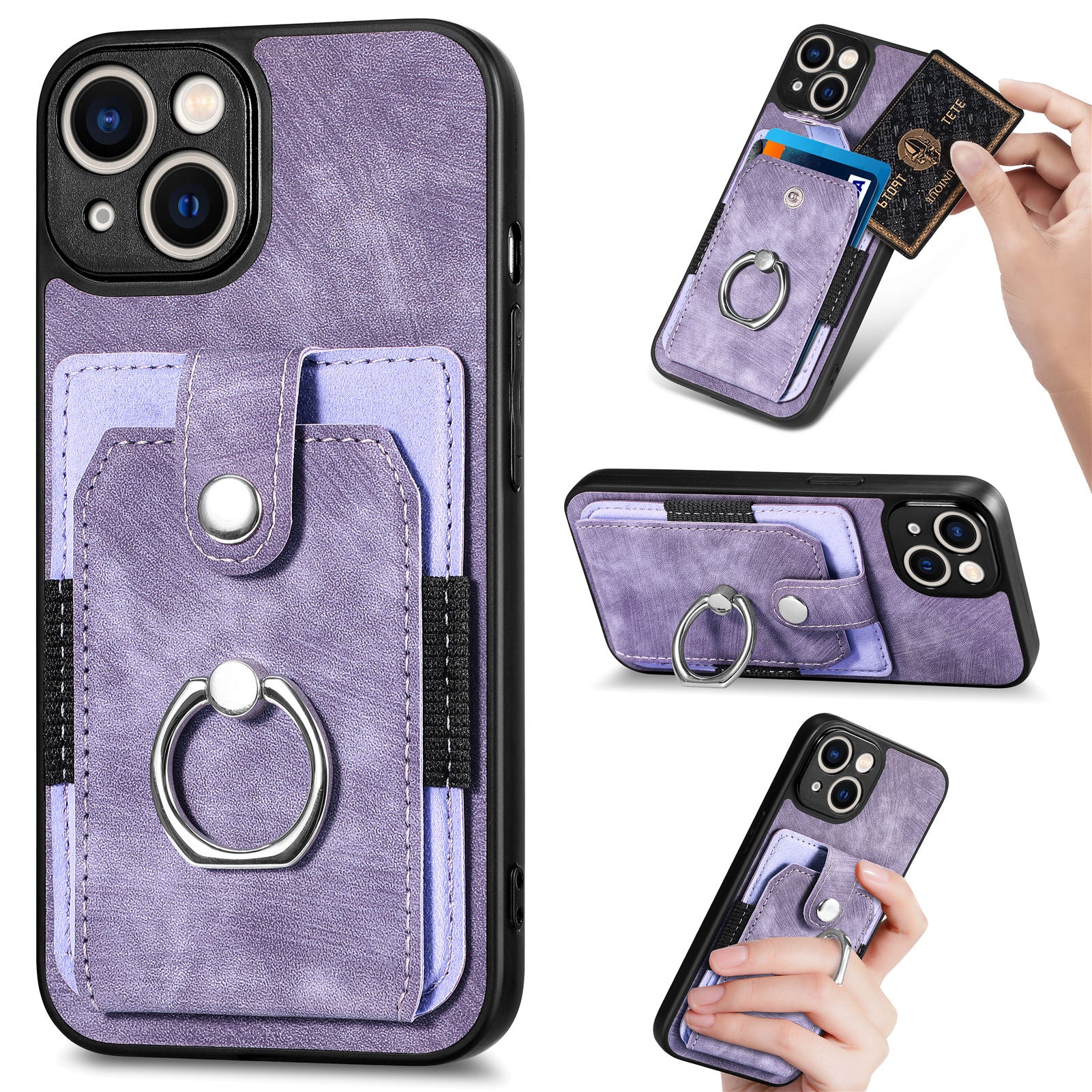 D2 Phone Case for iPhone 14 Ring Holder Kickstand TPU+PU Leather Phone Shell