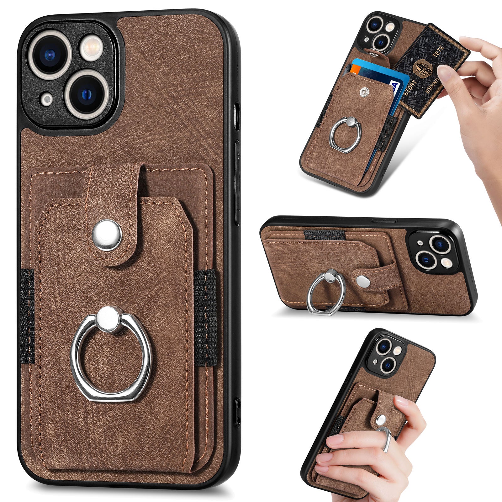D2 Phone Case for iPhone 14 Ring Holder Kickstand TPU+PU Leather Phone Shell