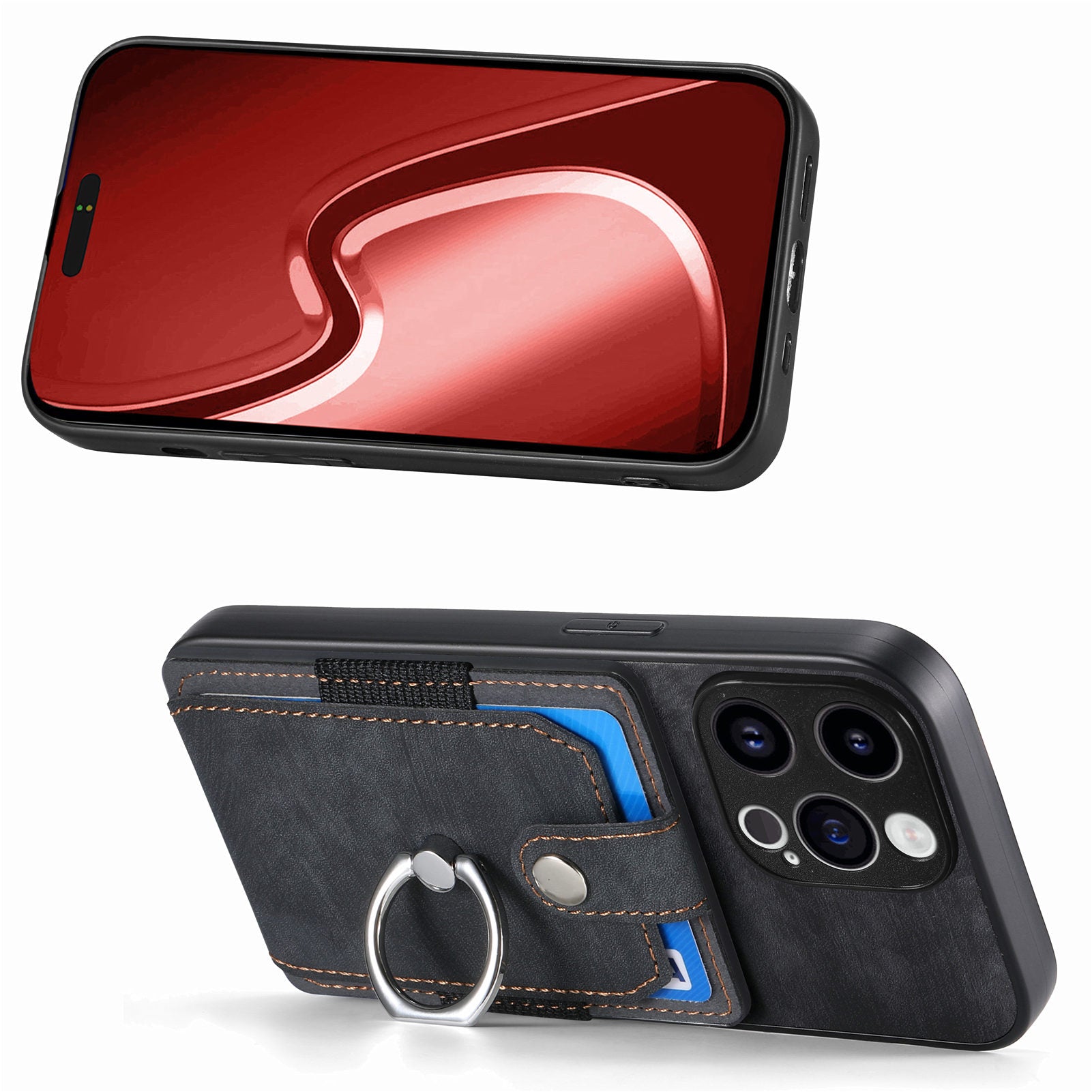 D2 Phone Case for iPhone 15 Pro Max Ring Kickstand TPU+PU Leather Protective Shell