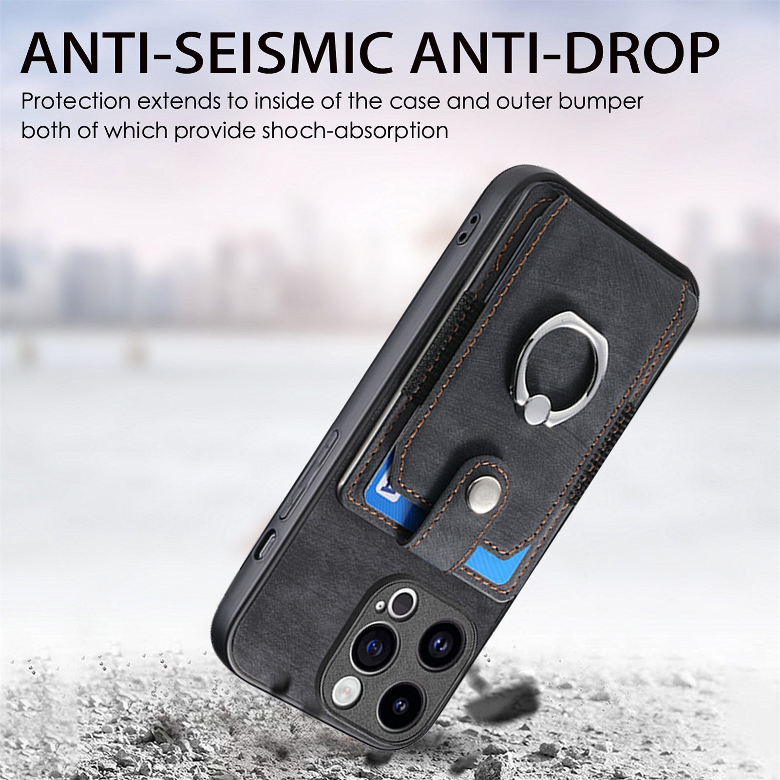 D2 Phone Case for iPhone 15 Pro Max Ring Kickstand TPU+PU Leather Protective Shell