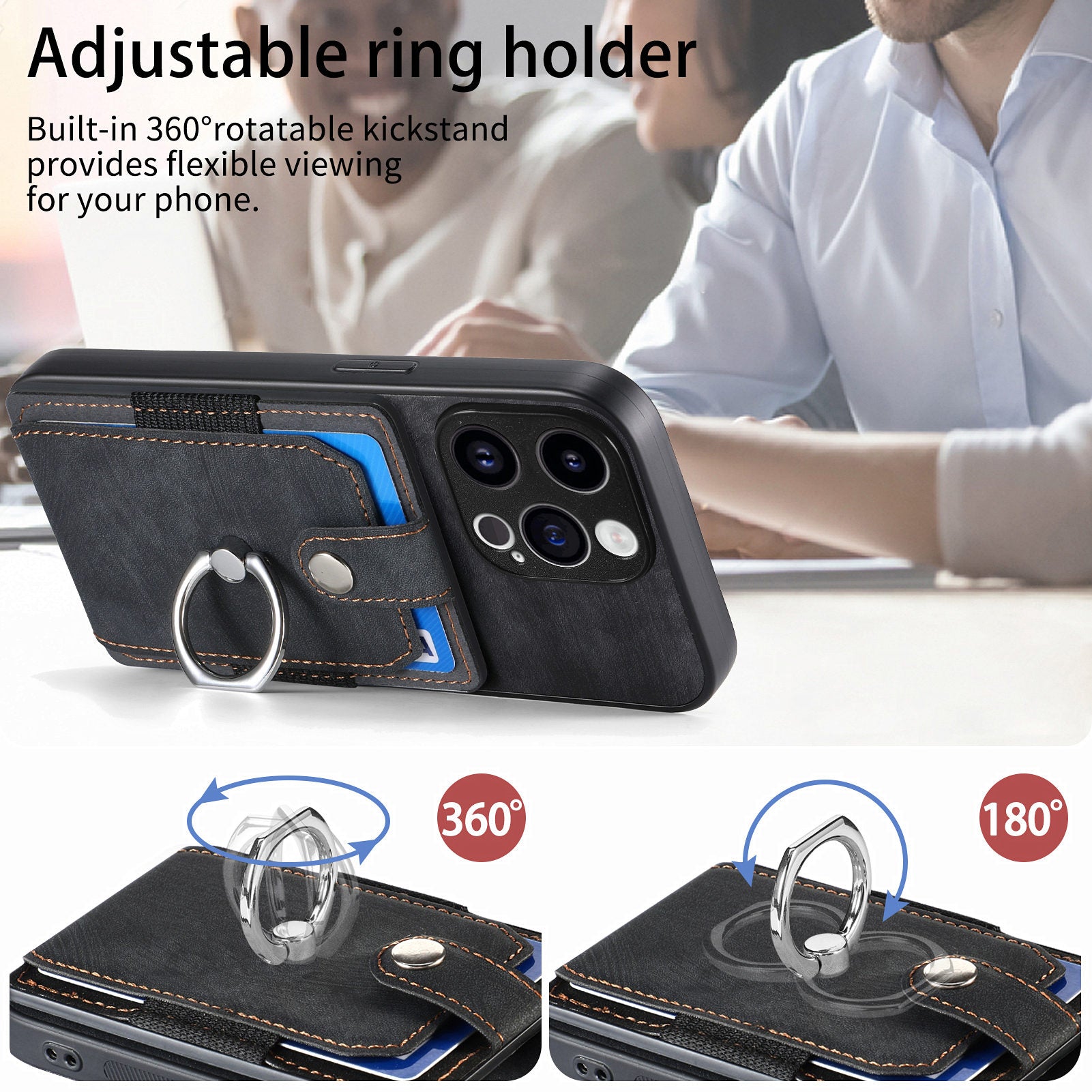 D2 Phone Case for iPhone 15 Pro Max Ring Kickstand TPU+PU Leather Protective Shell