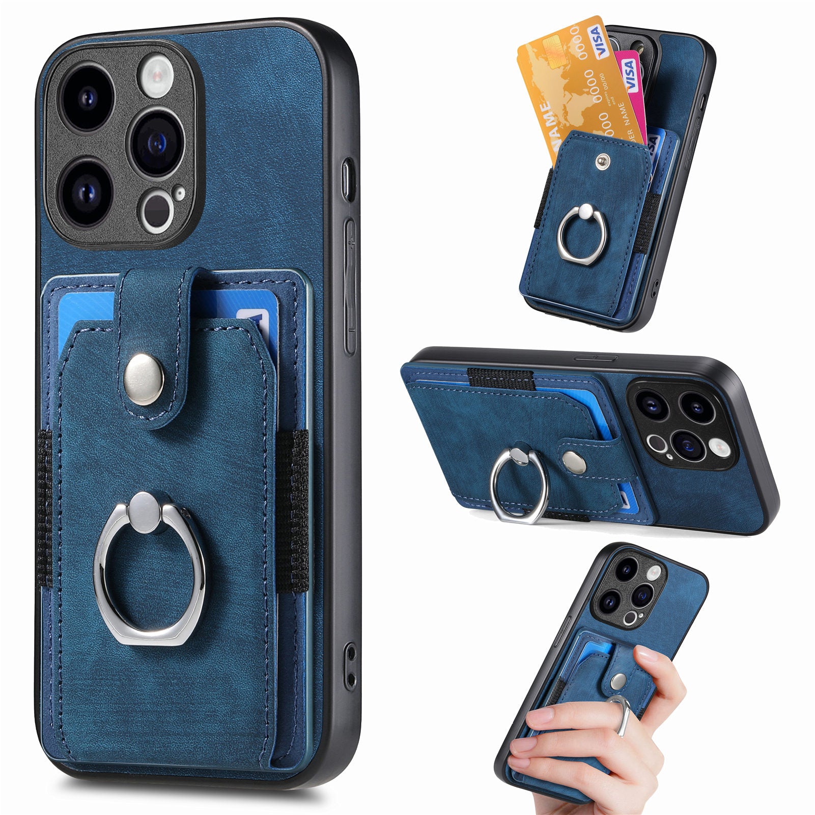 D2 Phone Case for iPhone 15 Pro Max Ring Kickstand TPU+PU Leather Protective Shell