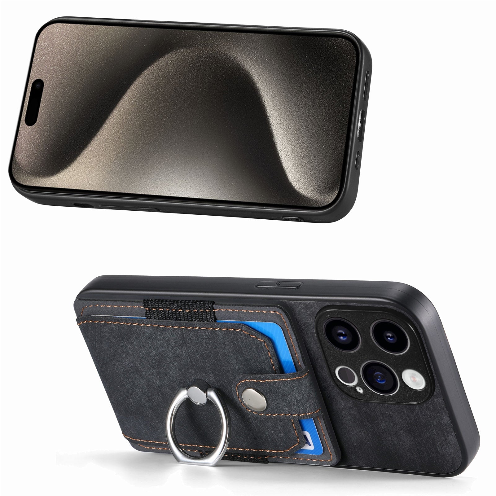 D2 For iPhone 15 Pro Case Card Holder Leather Coated TPU Phone Cover with Ring Holder Kickstand