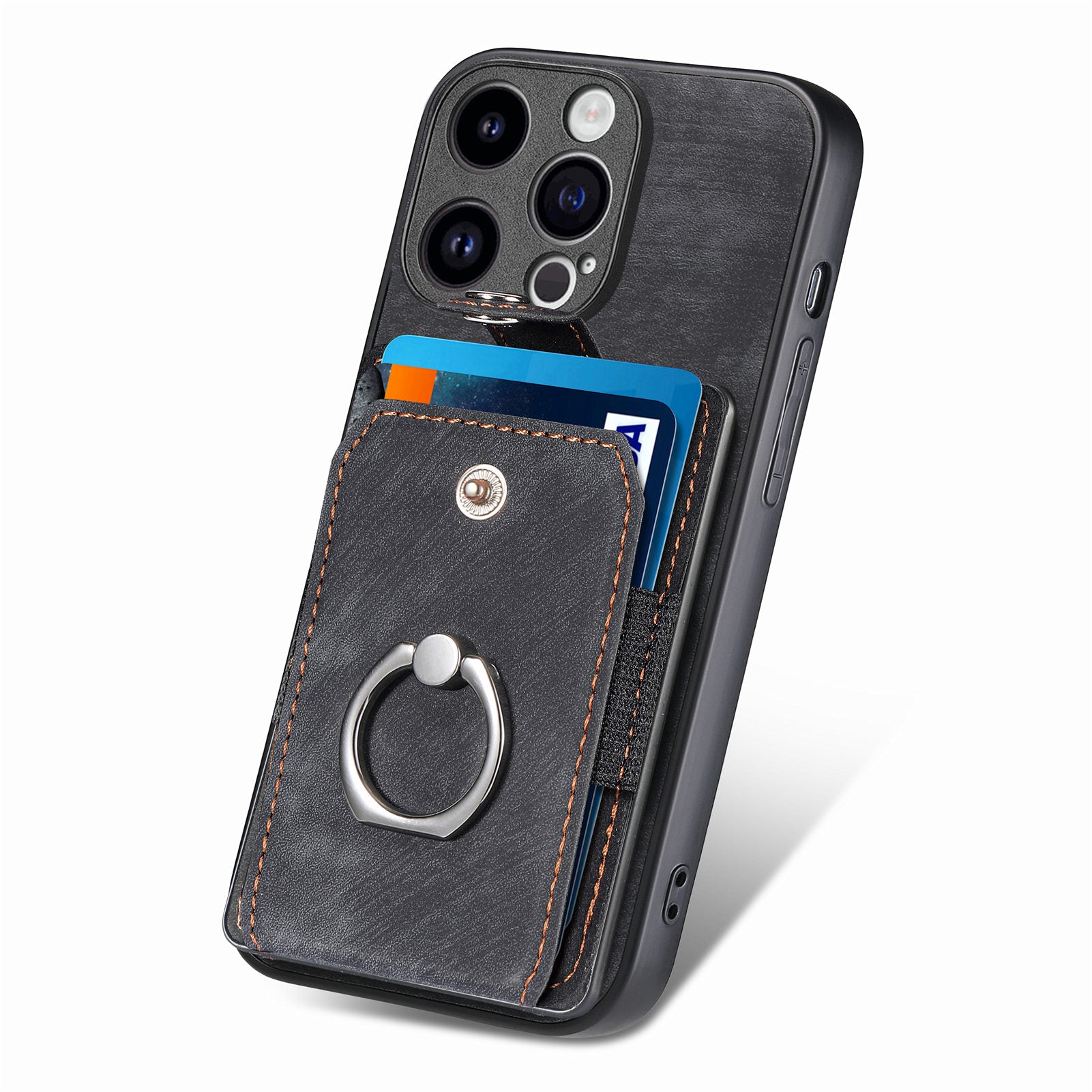 D2 For iPhone 15 Pro Case Card Holder Leather Coated TPU Phone Cover with Ring Holder Kickstand