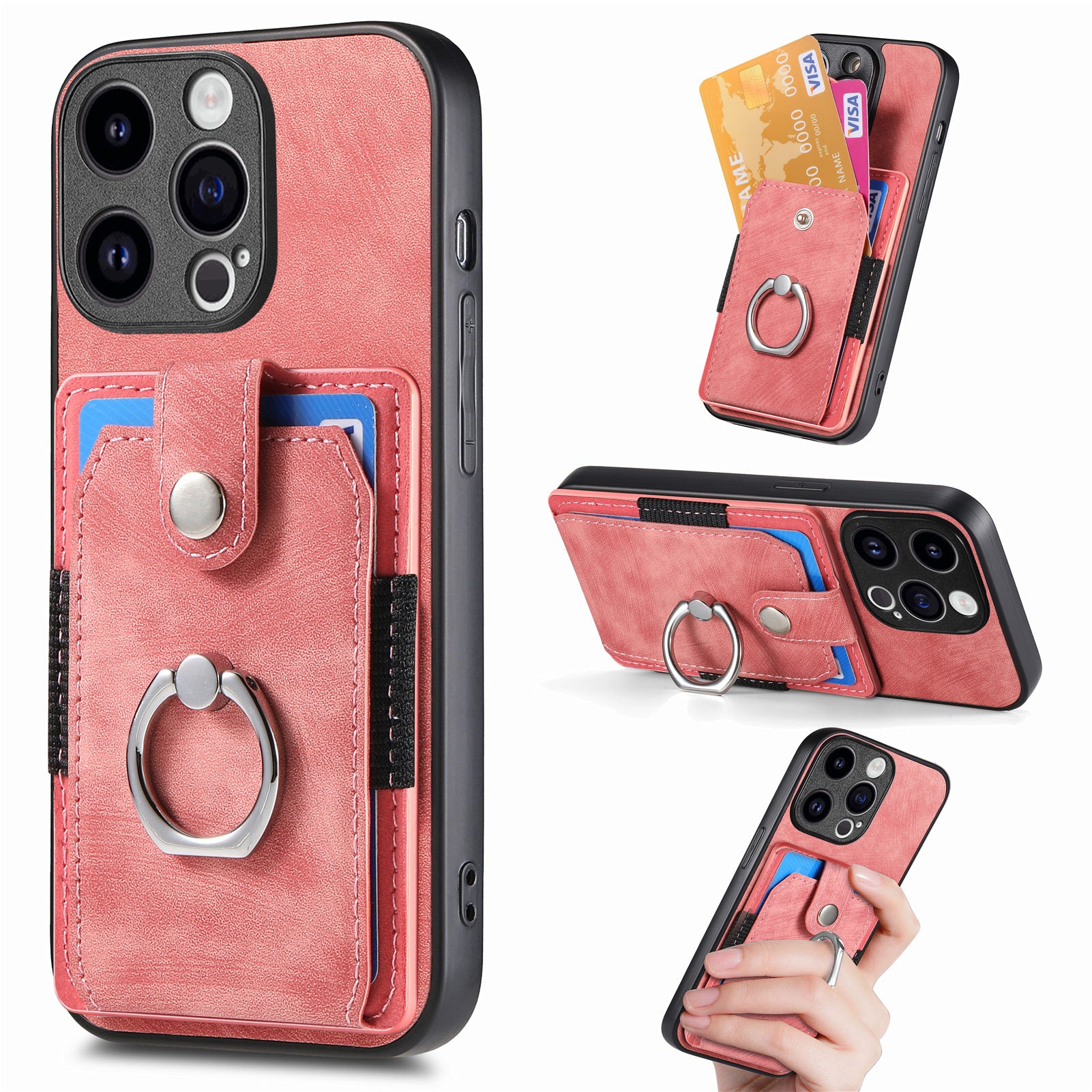 D2 For iPhone 15 Pro Case Card Holder Leather Coated TPU Phone Cover with Ring Holder Kickstand