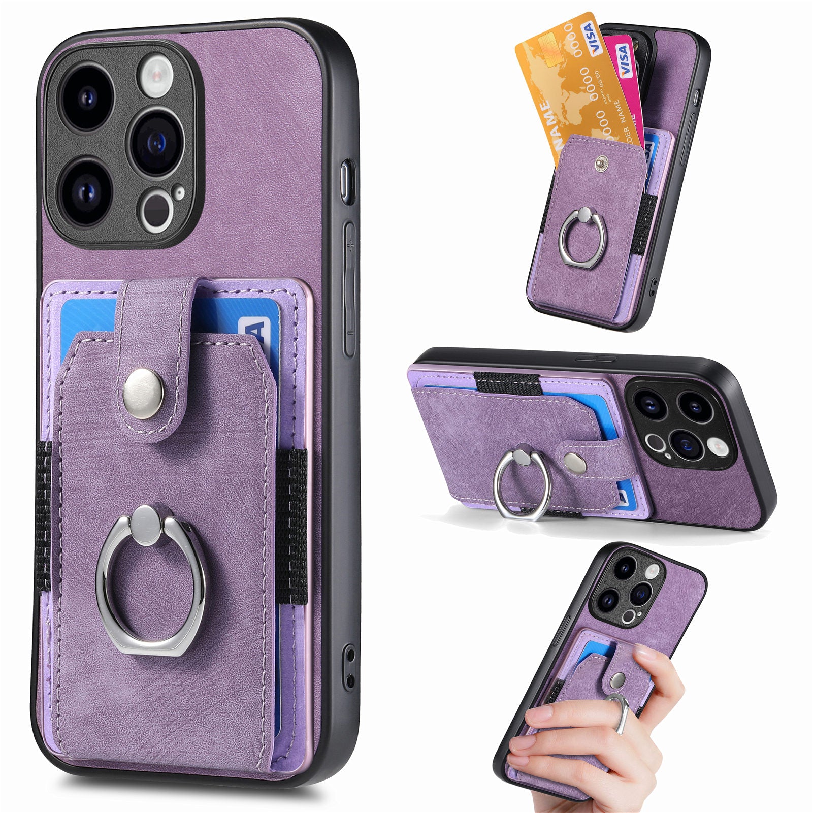 D2 For iPhone 15 Pro Case Card Holder Leather Coated TPU Phone Cover with Ring Holder Kickstand