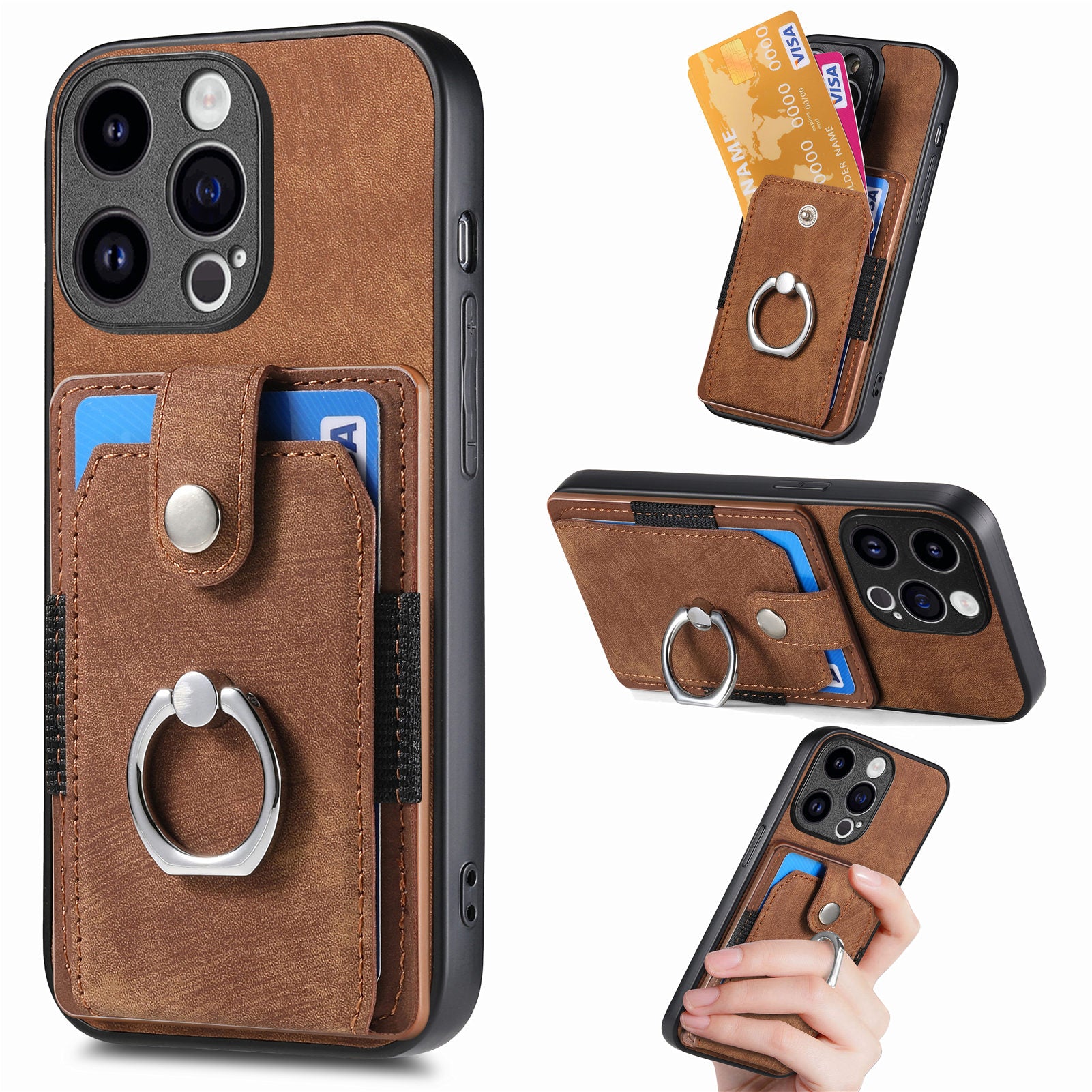 D2 For iPhone 15 Pro Case Card Holder Leather Coated TPU Phone Cover with Ring Holder Kickstand