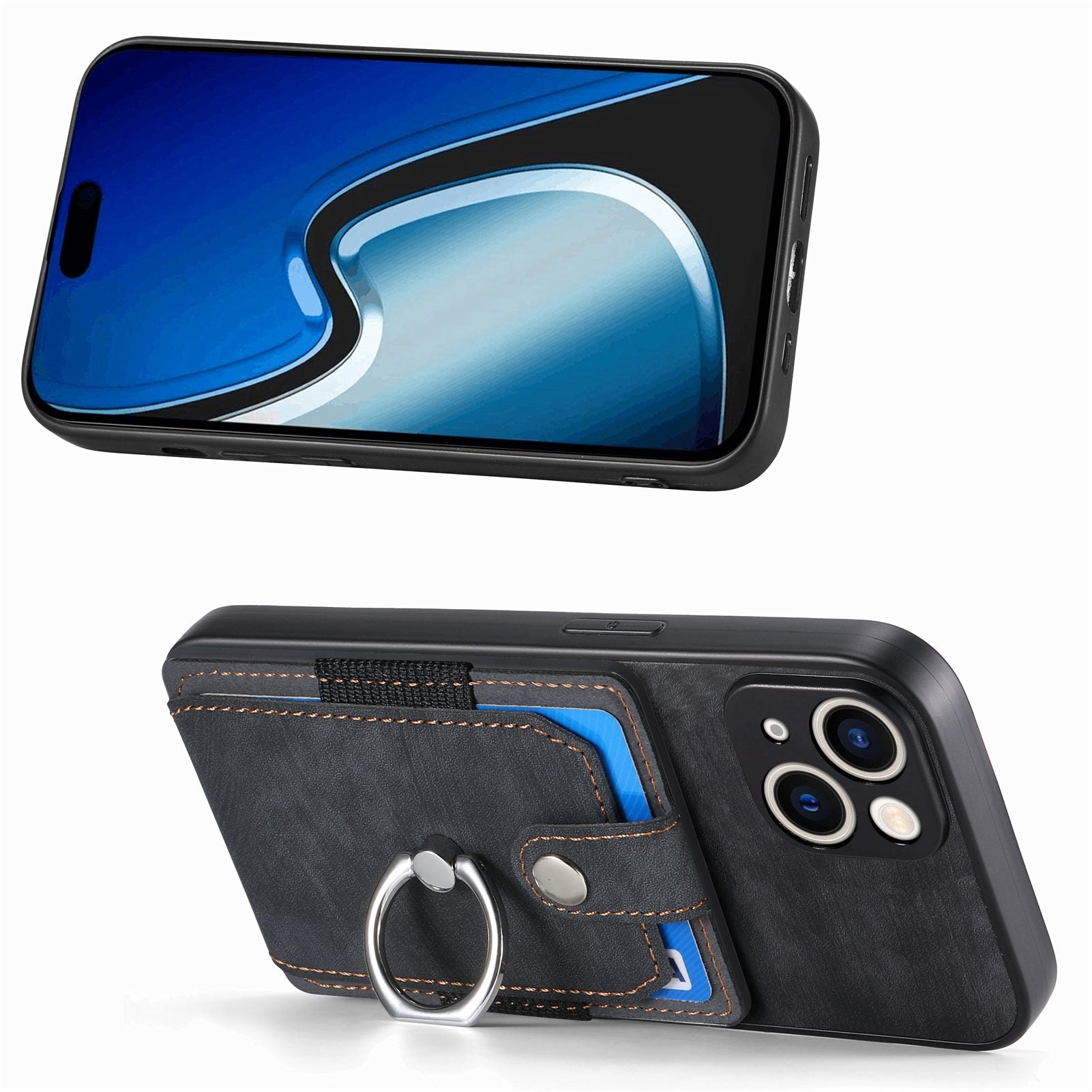 D2 For iPhone 15 Plus PU Leather+TPU Phone Case Kickstand Card Holder Phone Protective Shell