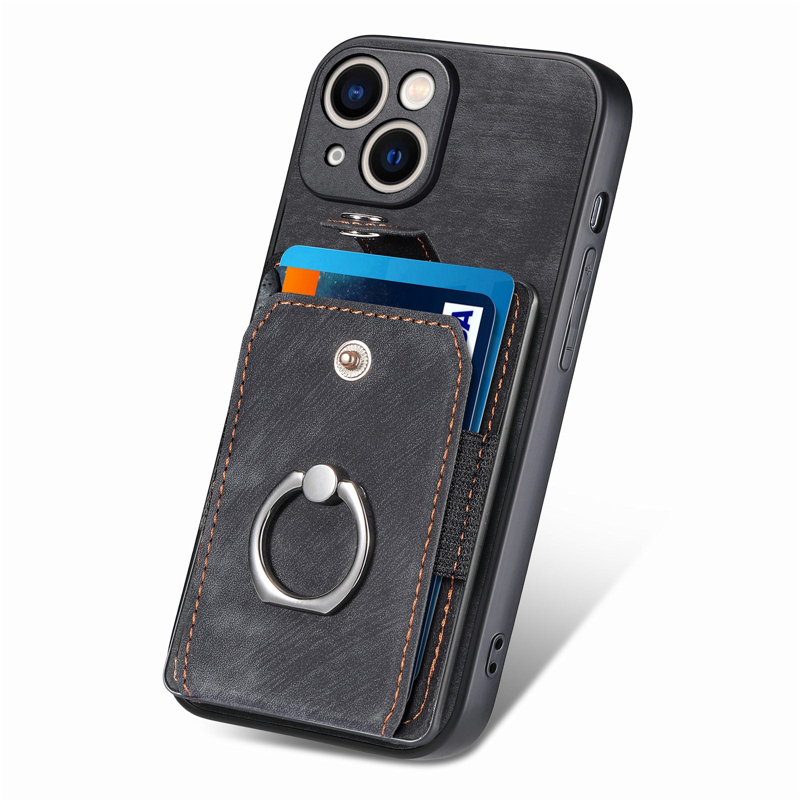D2 For iPhone 15 Plus PU Leather+TPU Phone Case Kickstand Card Holder Phone Protective Shell