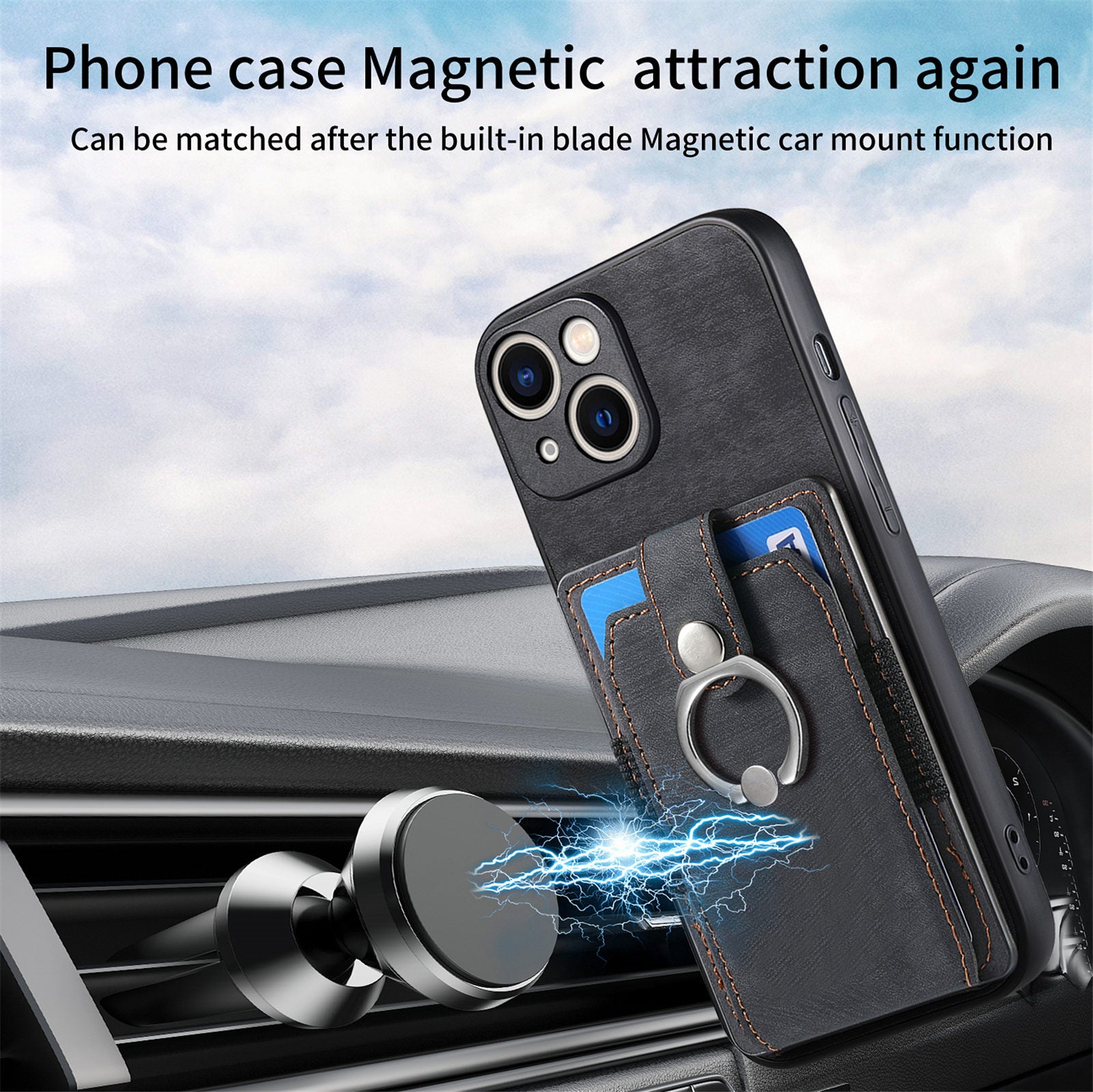 D2 For iPhone 15 Plus PU Leather+TPU Phone Case Kickstand Card Holder Phone Protective Shell