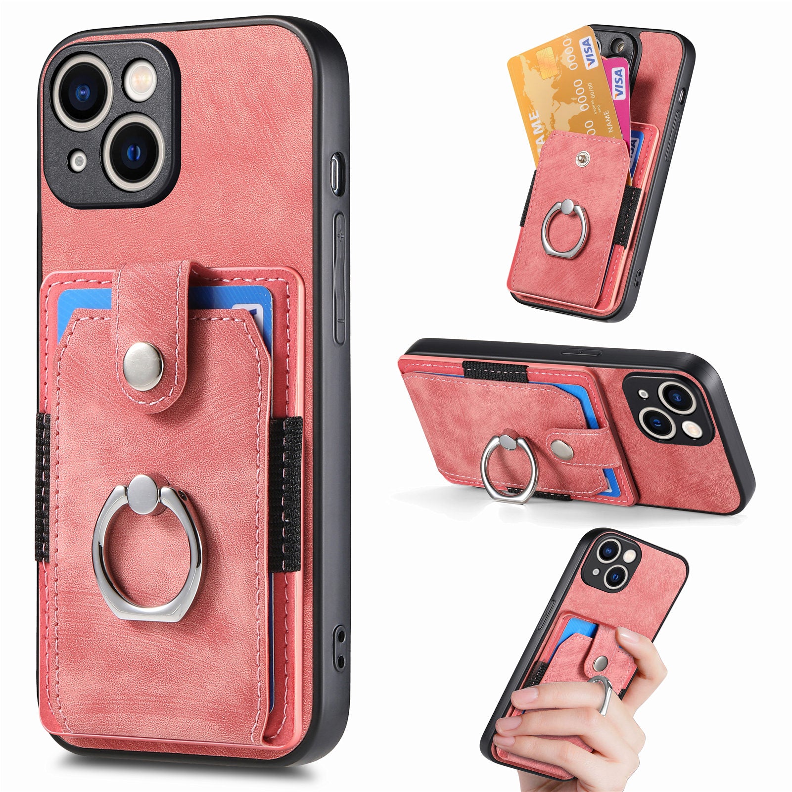 D2 For iPhone 15 Plus PU Leather+TPU Phone Case Kickstand Card Holder Phone Protective Shell