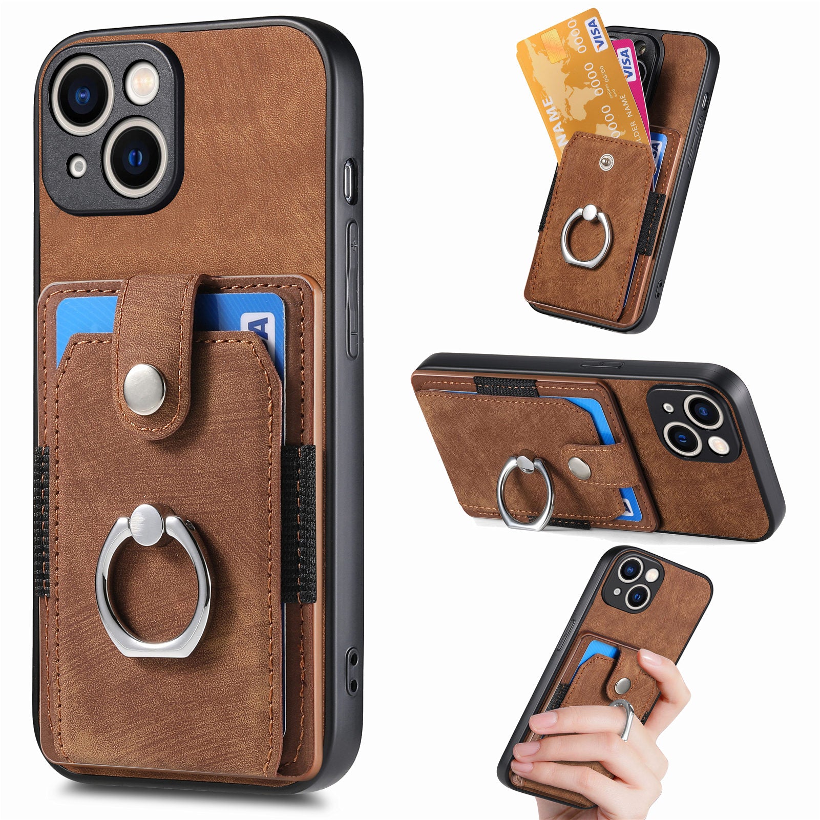 D2 For iPhone 15 Plus PU Leather+TPU Phone Case Kickstand Card Holder Phone Protective Shell