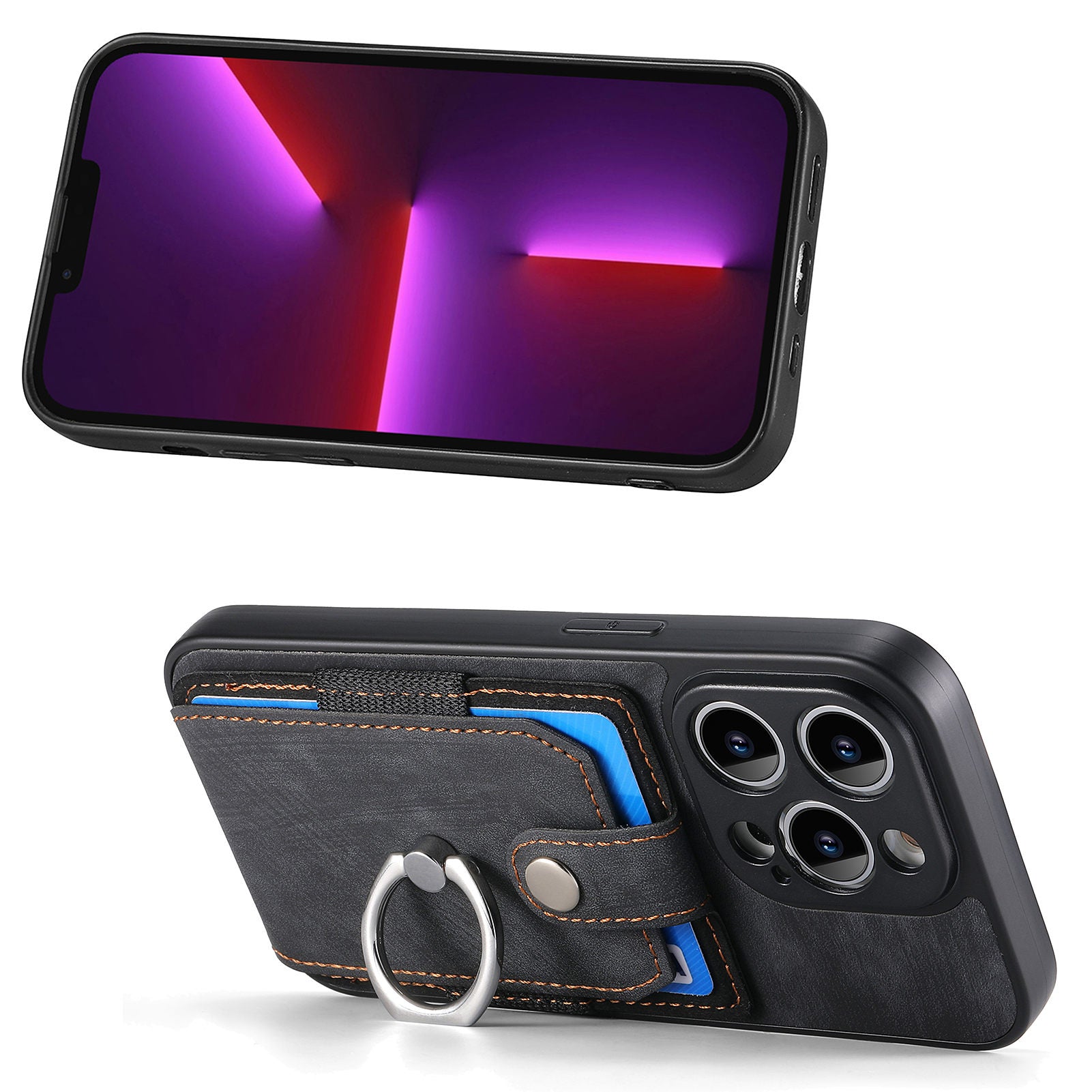 D2 For iPhone 13 Pro Case Ring Holder Kickstand TPU+PU Leather Phone Shell