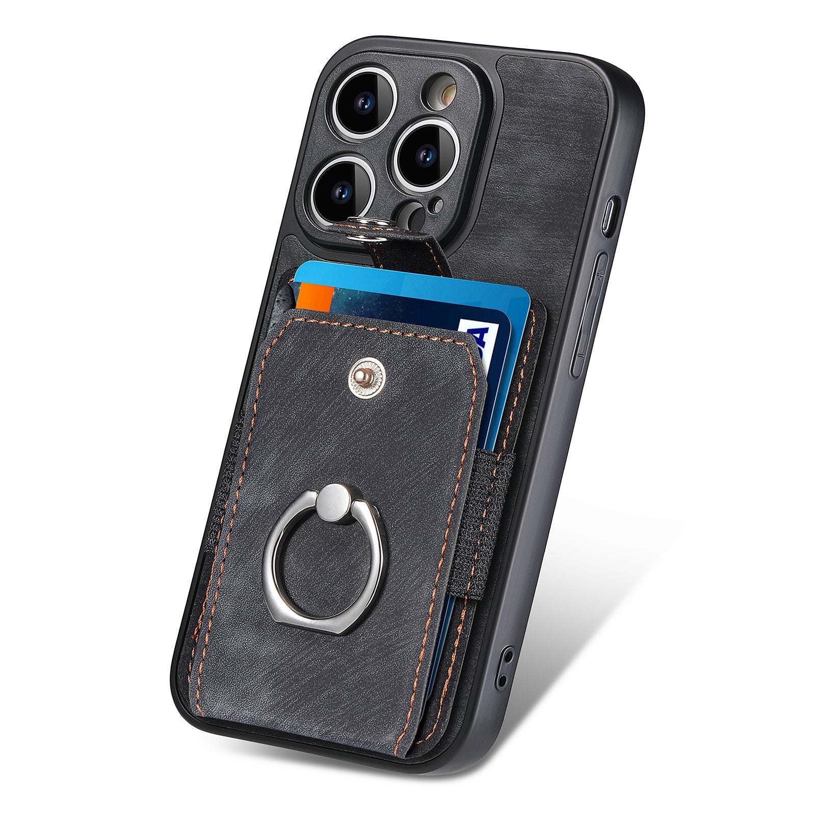 D2 For iPhone 13 Pro Case Ring Holder Kickstand TPU+PU Leather Phone Shell