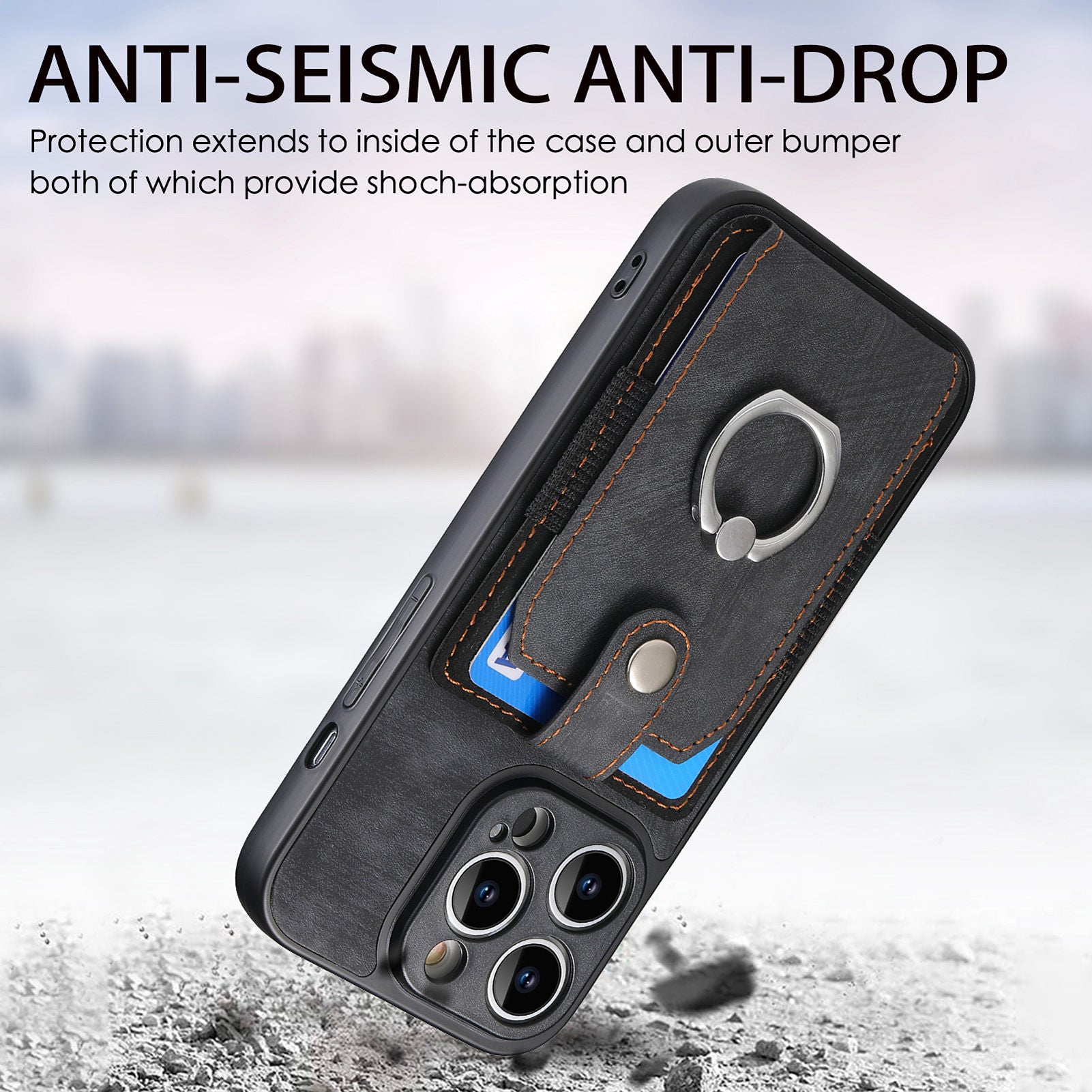 D2 For iPhone 13 Pro Case Ring Holder Kickstand TPU+PU Leather Phone Shell