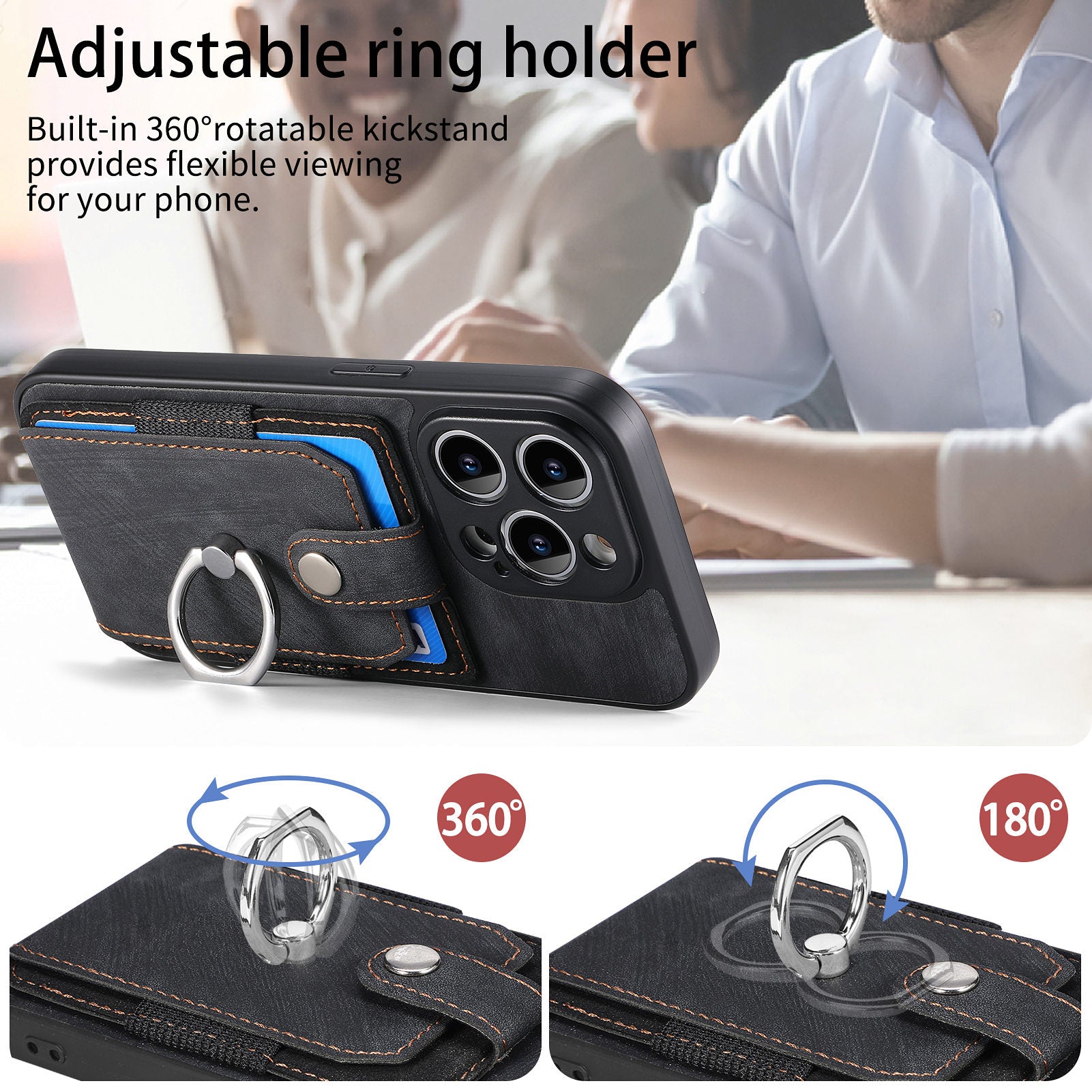 D2 For iPhone 13 Pro Case Ring Holder Kickstand TPU+PU Leather Phone Shell