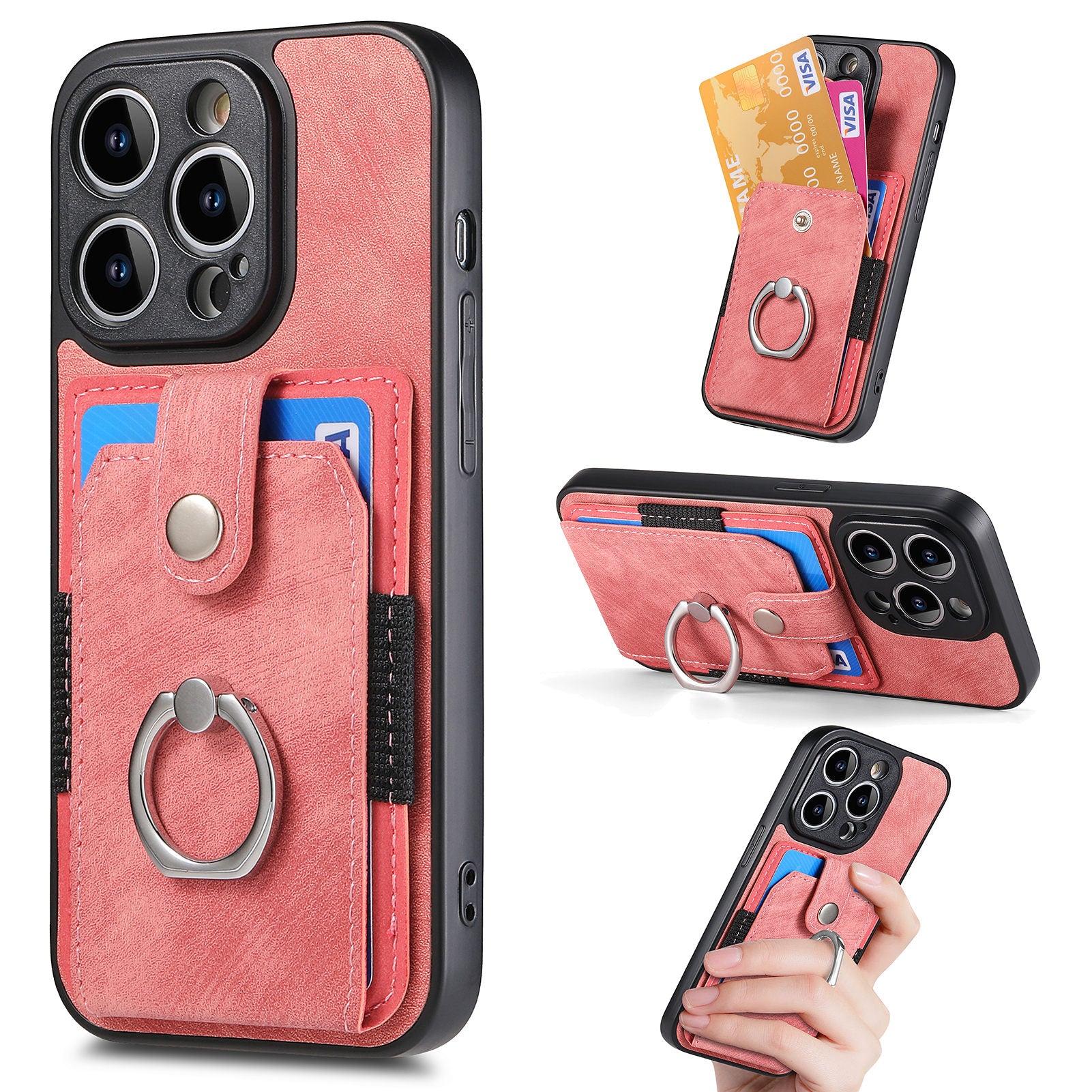 D2 For iPhone 13 Pro Case Ring Holder Kickstand TPU+PU Leather Phone Shell