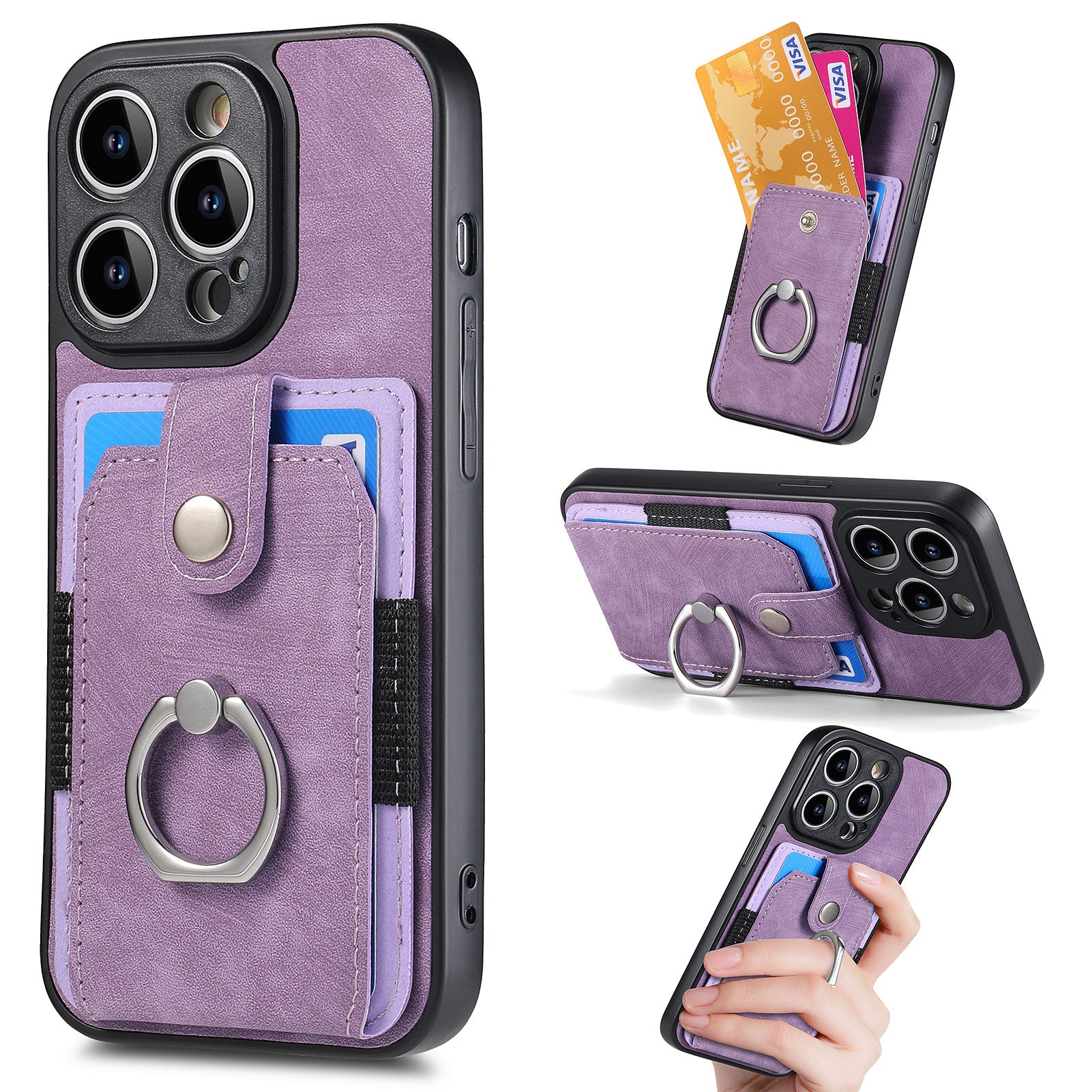 D2 For iPhone 13 Pro Case Ring Holder Kickstand TPU+PU Leather Phone Shell
