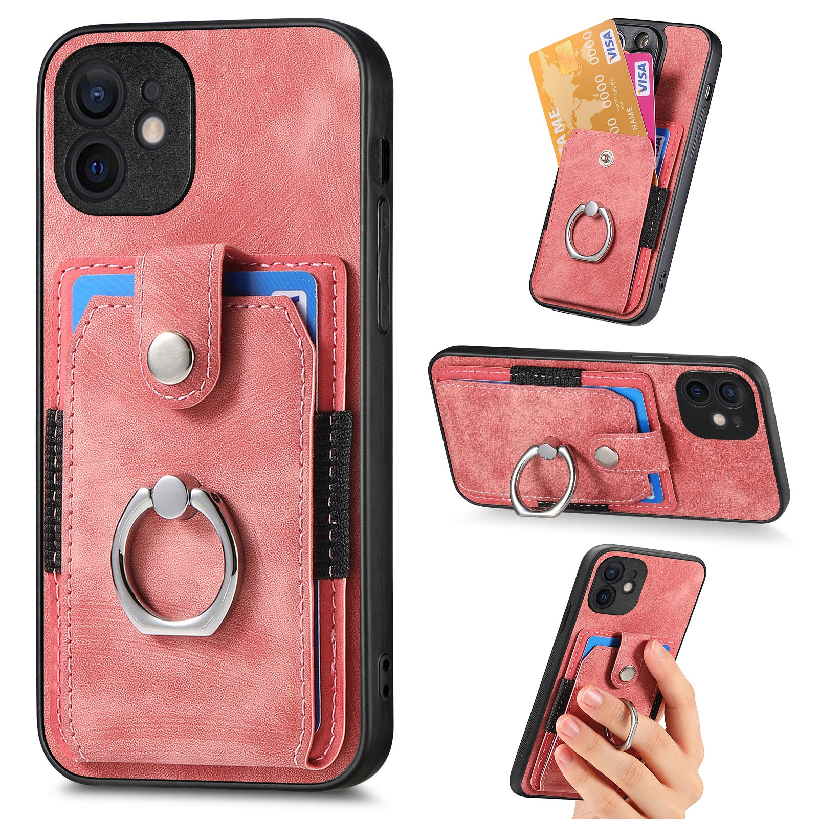 D2 For iPhone 12 6.1 inch Case Leather Rotation Ring Kickstand Phone Cover with Card Holder