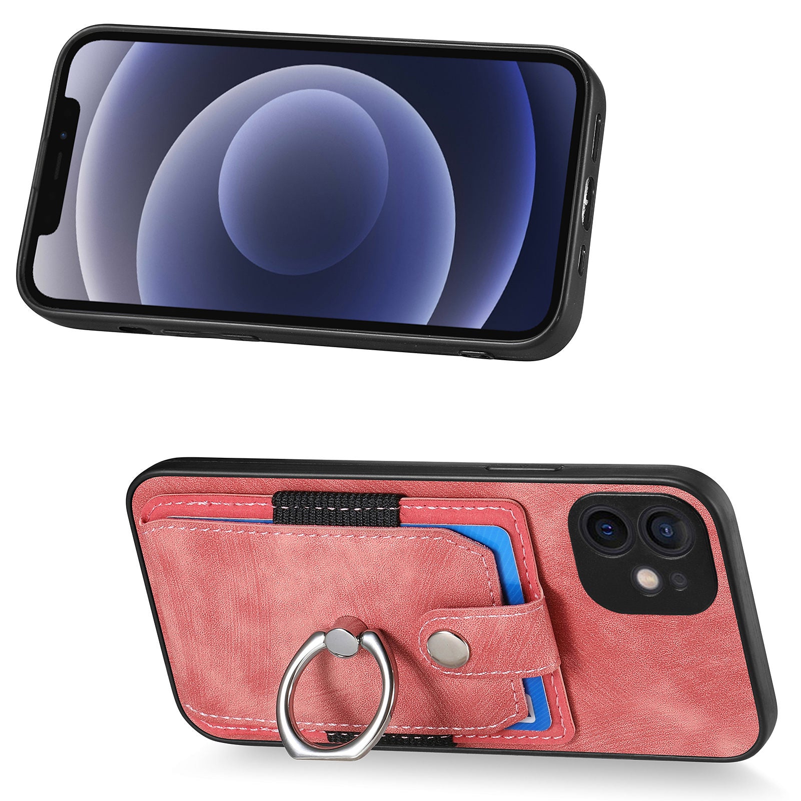 D2 For iPhone 12 6.1 inch Case Leather Rotation Ring Kickstand Phone Cover with Card Holder