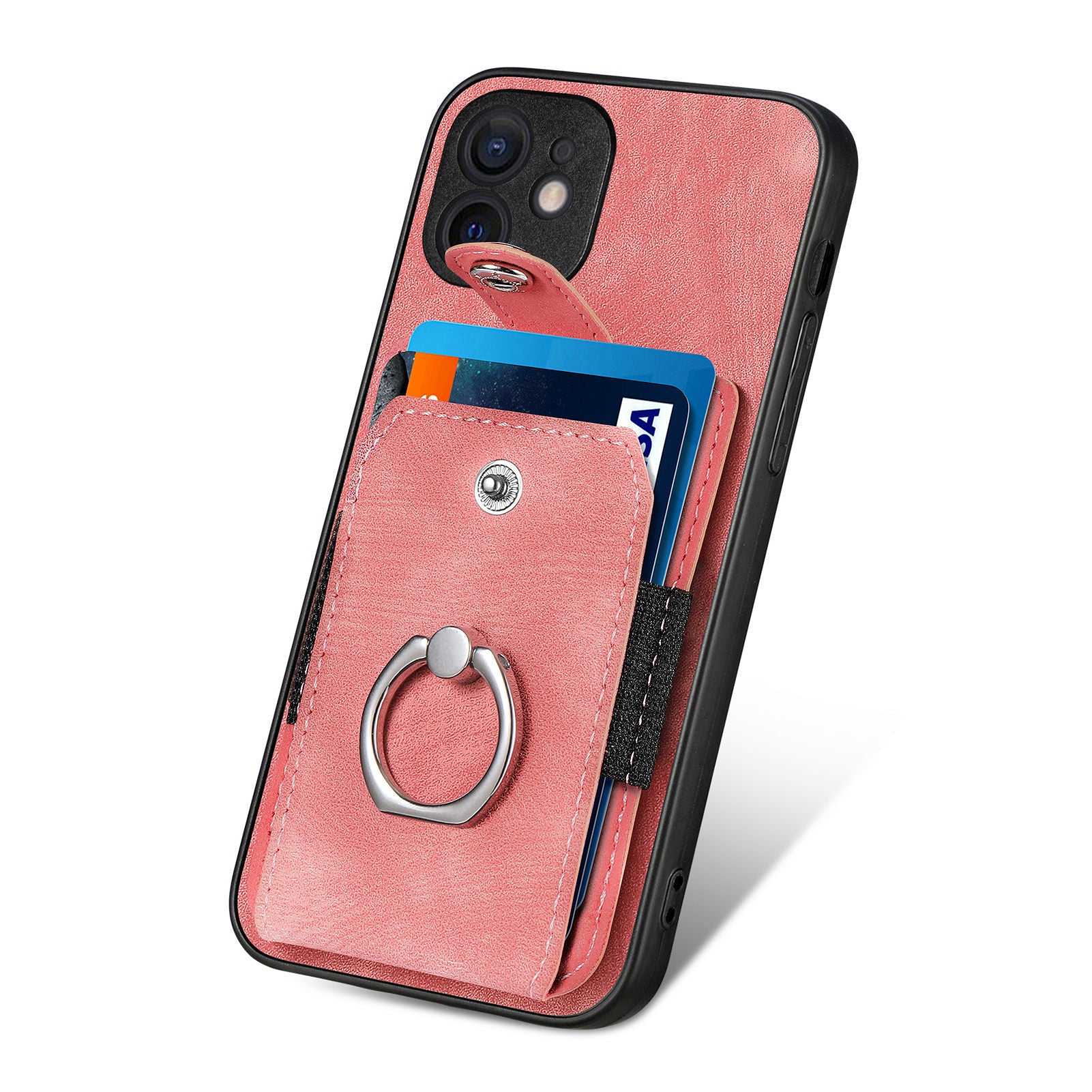 D2 For iPhone 12 6.1 inch Case Leather Rotation Ring Kickstand Phone Cover with Card Holder