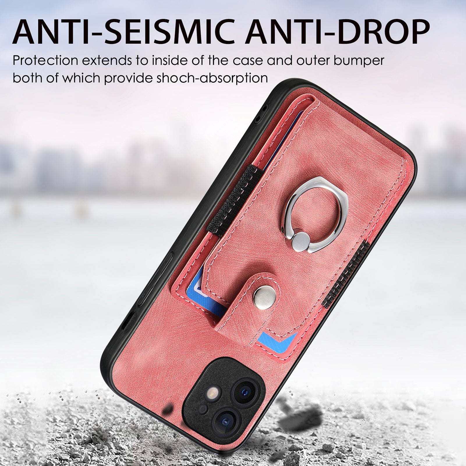 D2 For iPhone 12 6.1 inch Case Leather Rotation Ring Kickstand Phone Cover with Card Holder