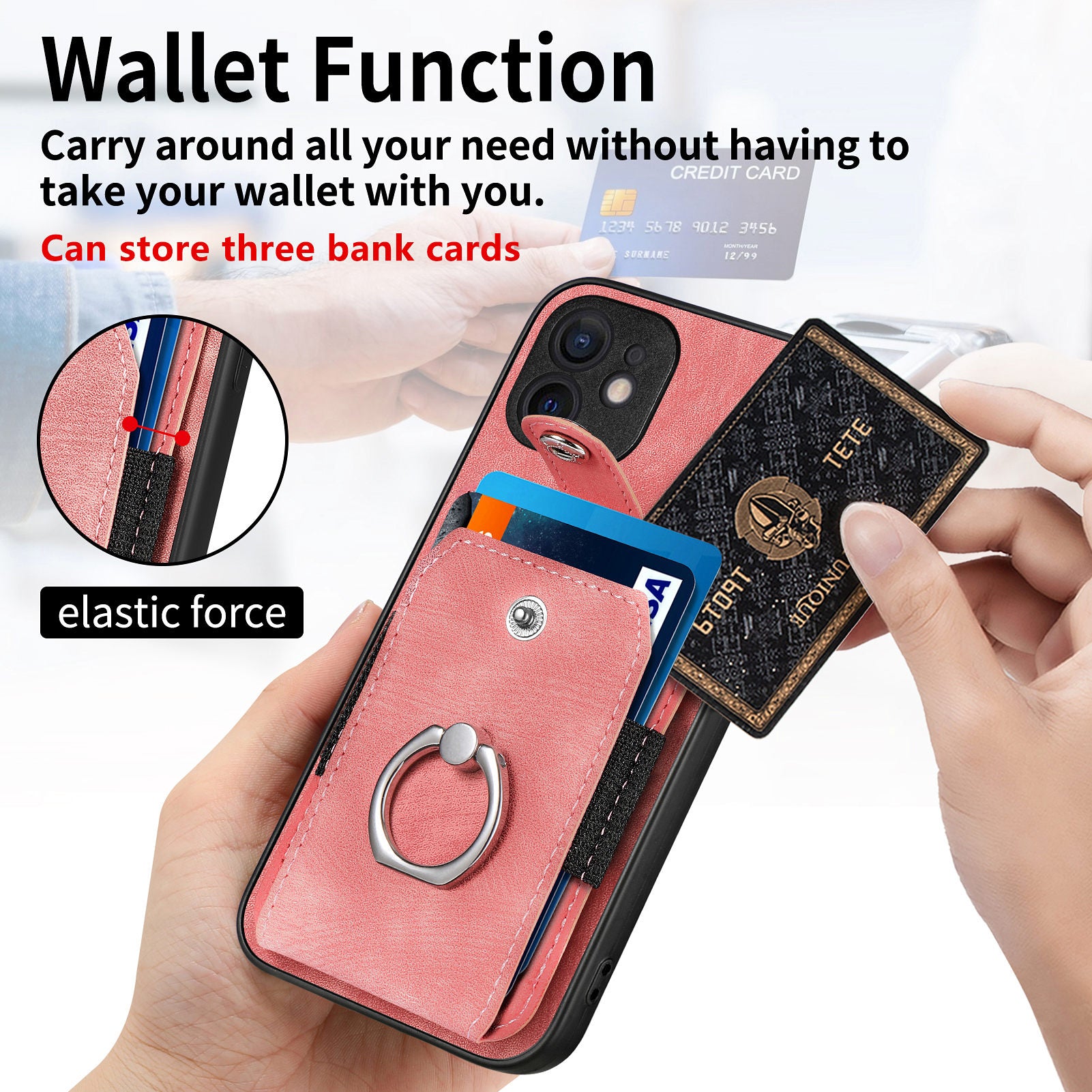 D2 For iPhone 12 6.1 inch Case Leather Rotation Ring Kickstand Phone Cover with Card Holder