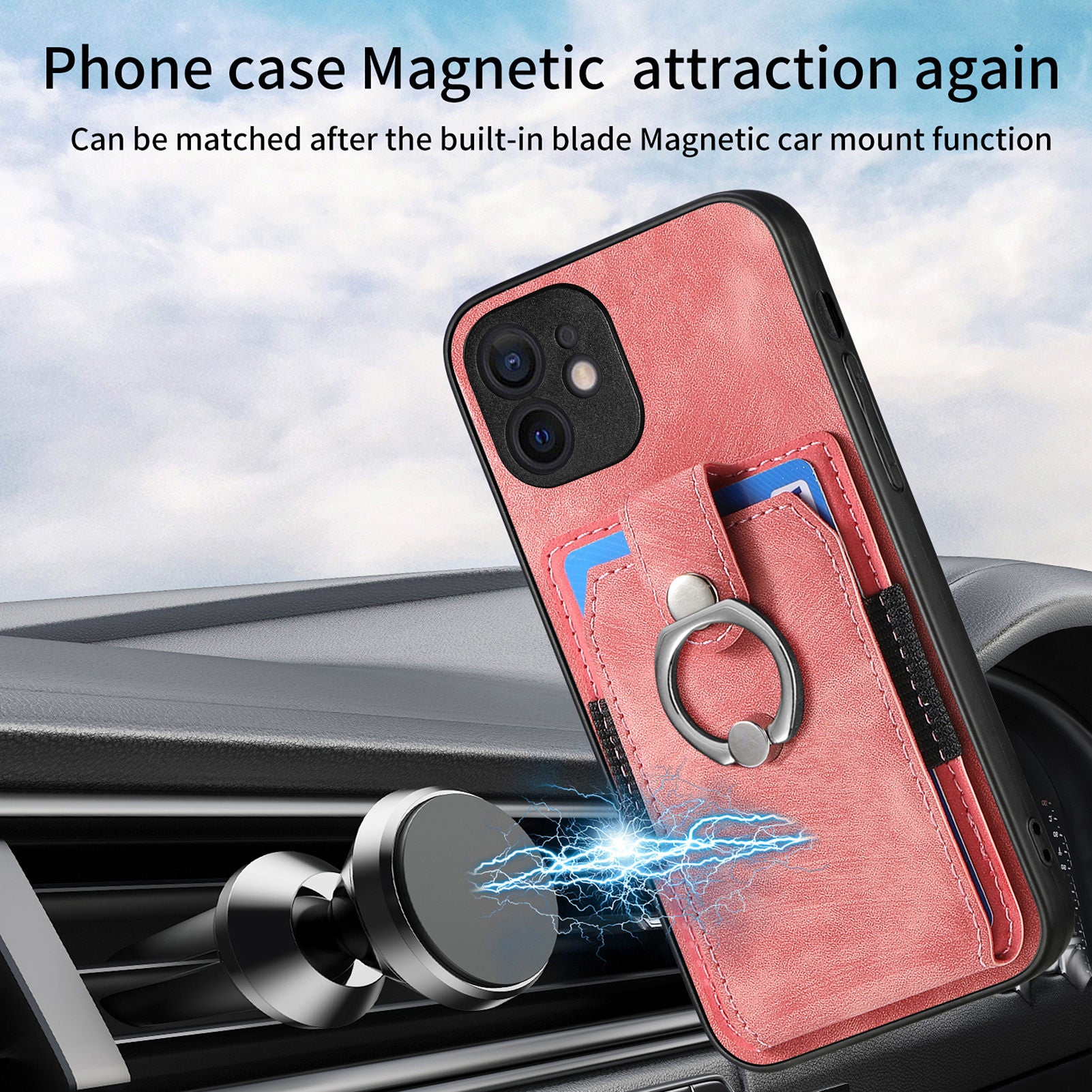 D2 For iPhone 12 6.1 inch Case Leather Rotation Ring Kickstand Phone Cover with Card Holder