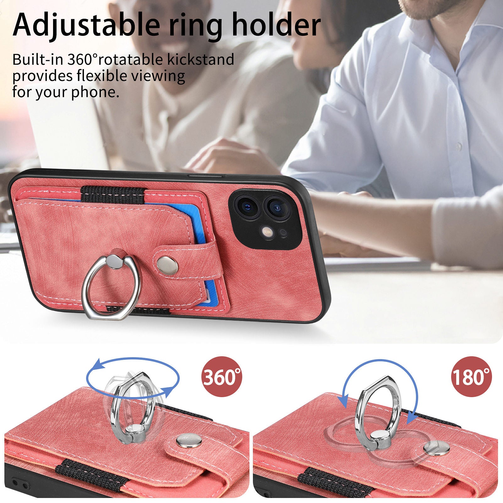 D2 For iPhone 12 6.1 inch Case Leather Rotation Ring Kickstand Phone Cover with Card Holder