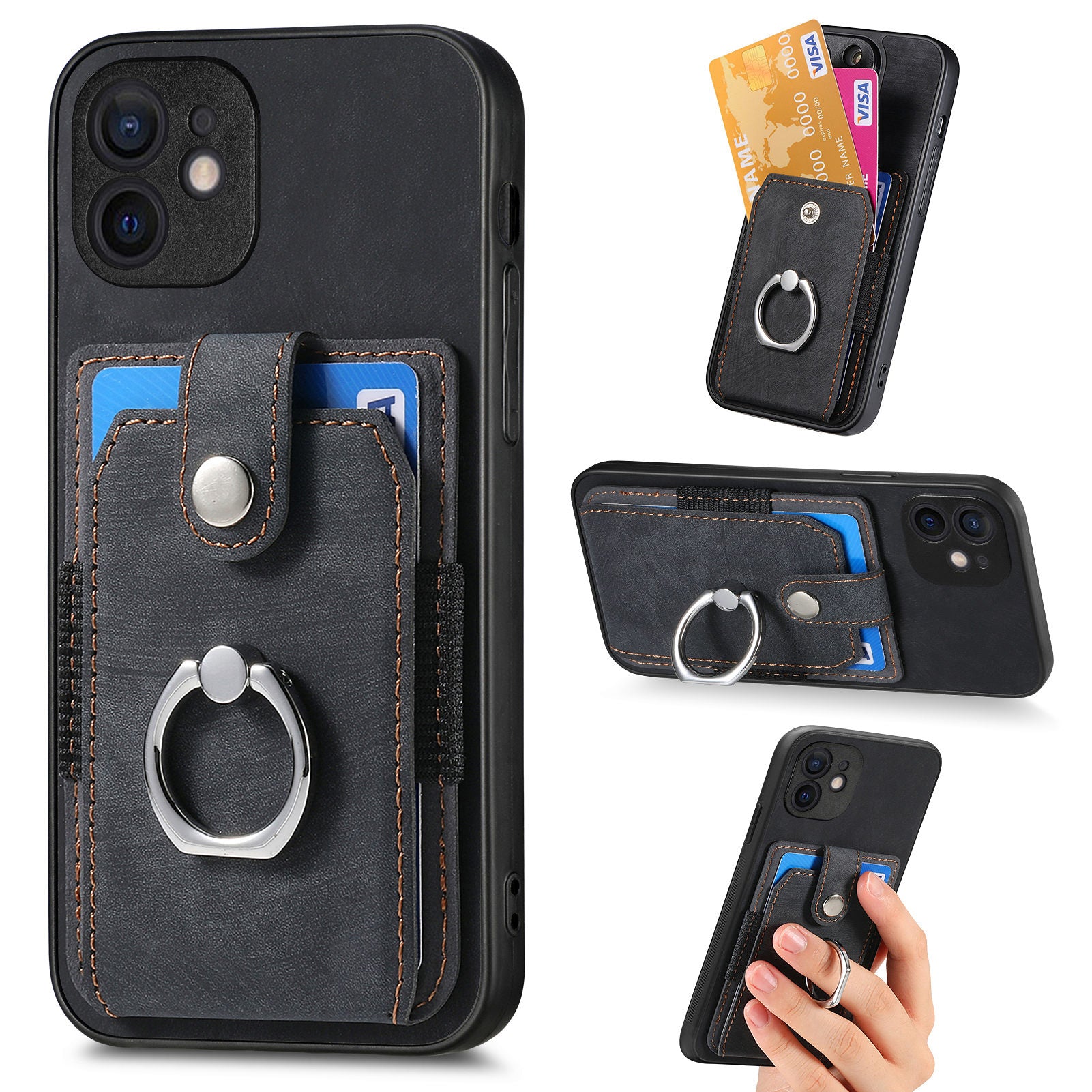 D2 For iPhone 12 6.1 inch Case Leather Rotation Ring Kickstand Phone Cover with Card Holder