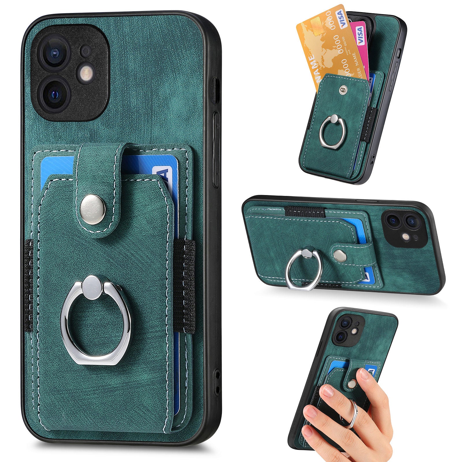 D2 For iPhone 12 6.1 inch Case Leather Rotation Ring Kickstand Phone Cover with Card Holder