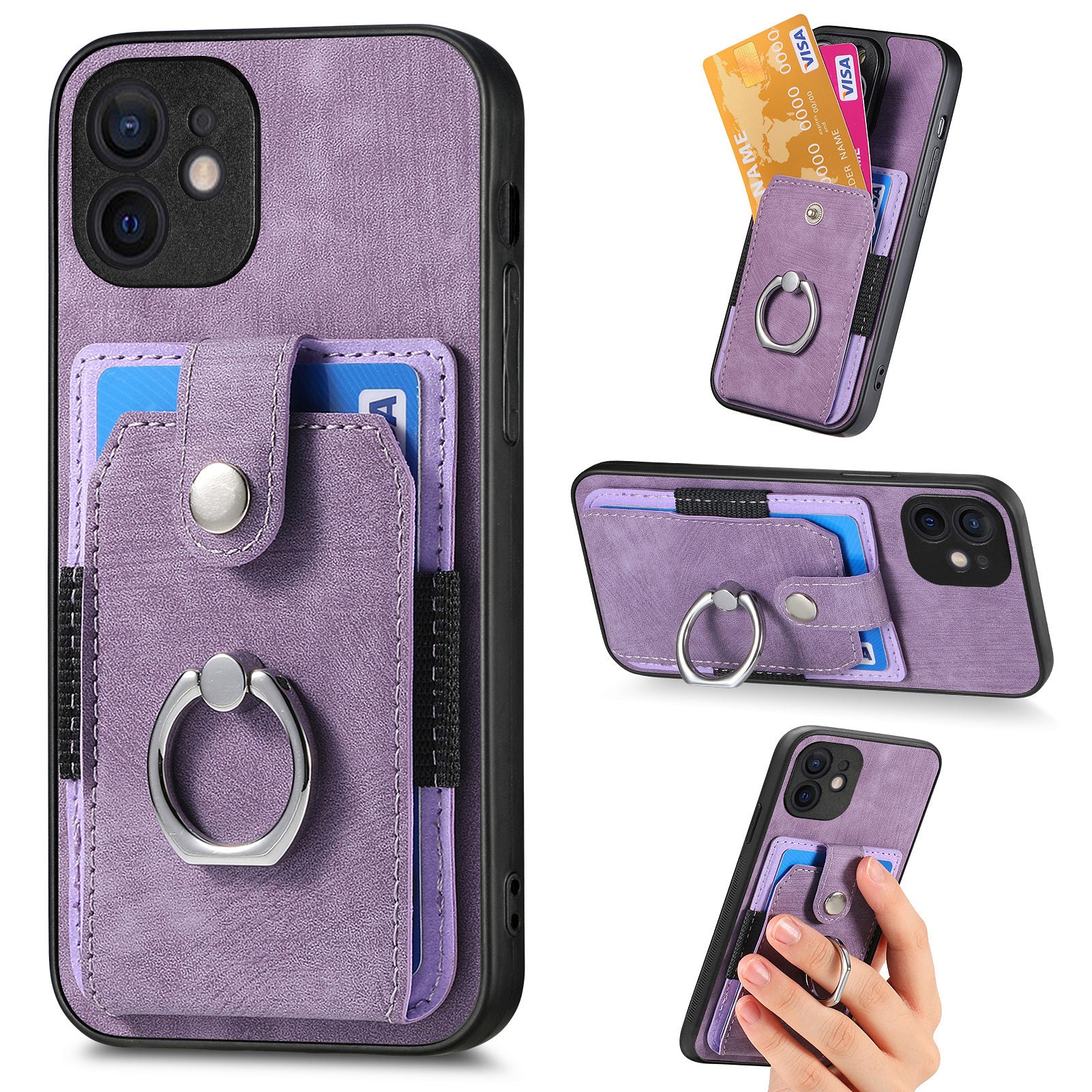 D2 For iPhone 12 6.1 inch Case Leather Rotation Ring Kickstand Phone Cover with Card Holder