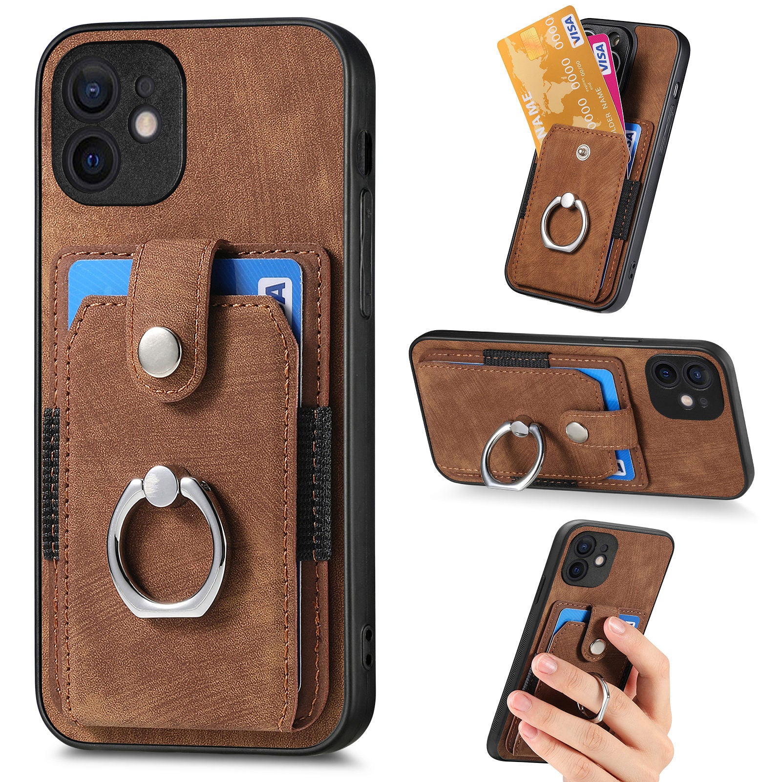 D2 For iPhone 12 6.1 inch Case Leather Rotation Ring Kickstand Phone Cover with Card Holder