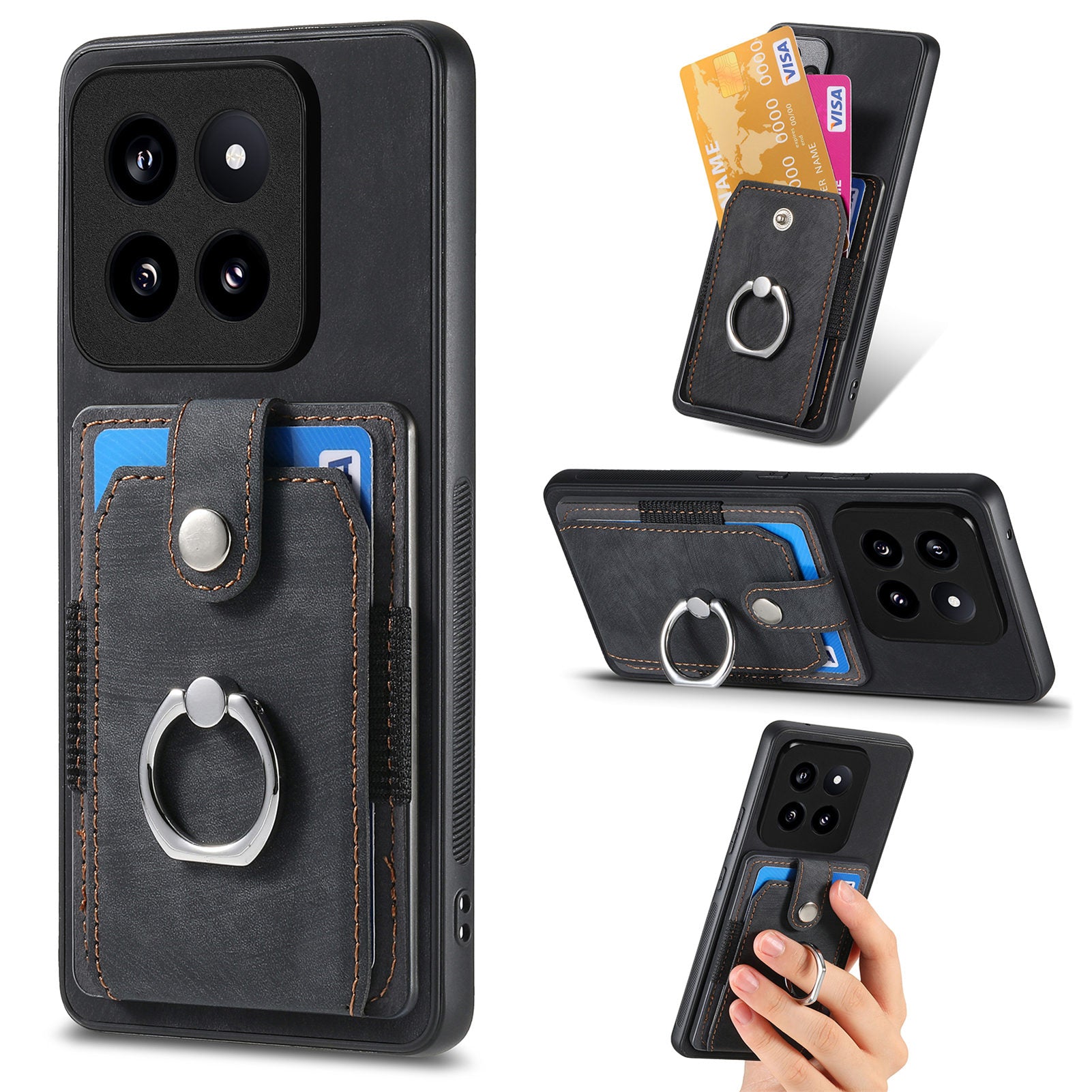 D2 For Xiaomi 14 Pro Case Ring Kickstand Leather+TPU Card Holder Phone Cover