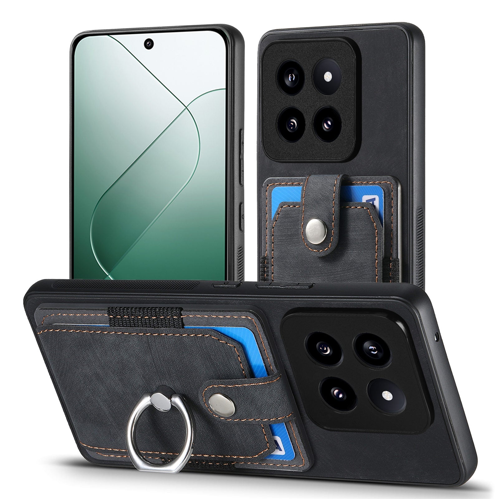 D2 For Xiaomi 14 Pro Case Ring Kickstand Leather+TPU Card Holder Phone Cover