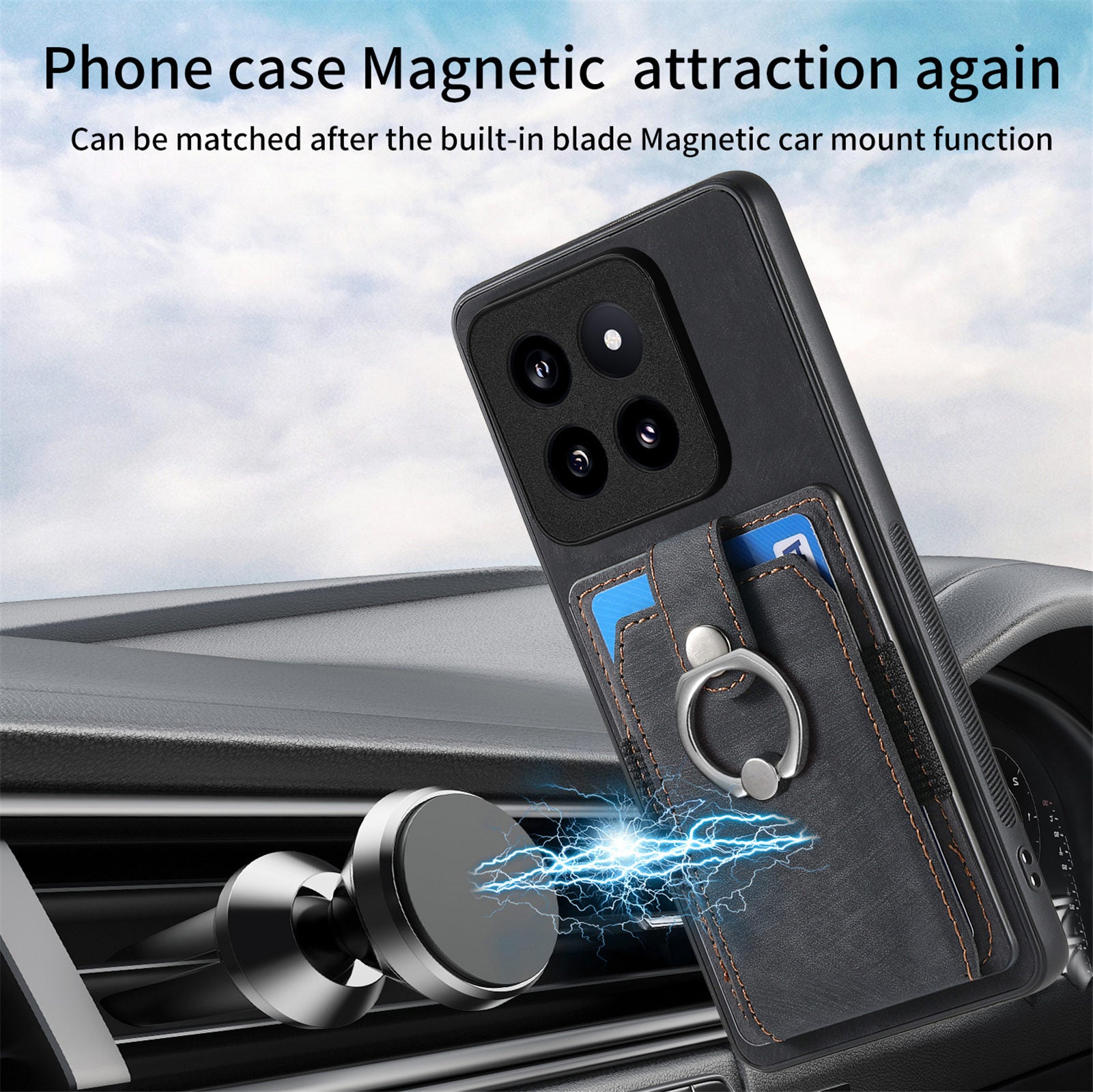 D2 For Xiaomi 14 Pro Case Ring Kickstand Leather+TPU Card Holder Phone Cover