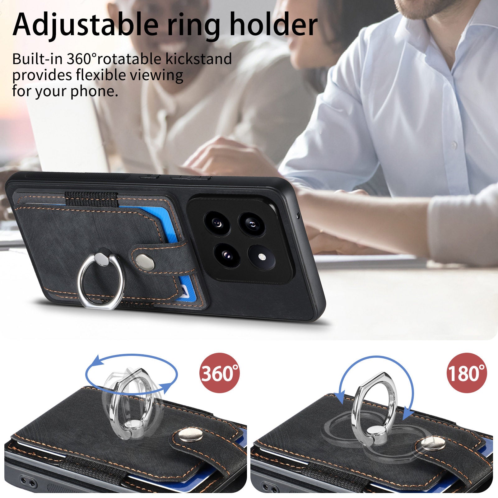 D2 For Xiaomi 14 Pro Case Ring Kickstand Leather+TPU Card Holder Phone Cover